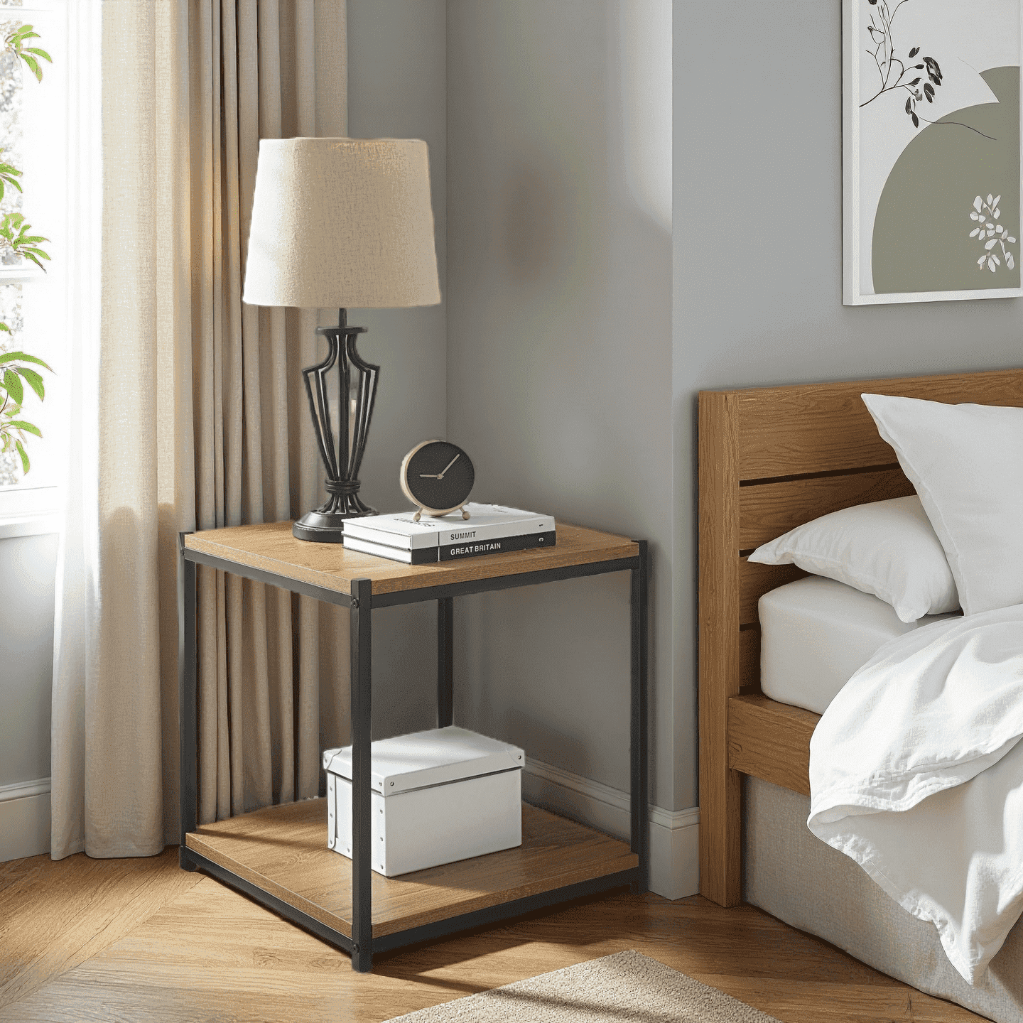 Caffoz Brooklyn Series Farmhouse Rectangle Wood and Metal End Table, Mahogany Brown (Set of 1)