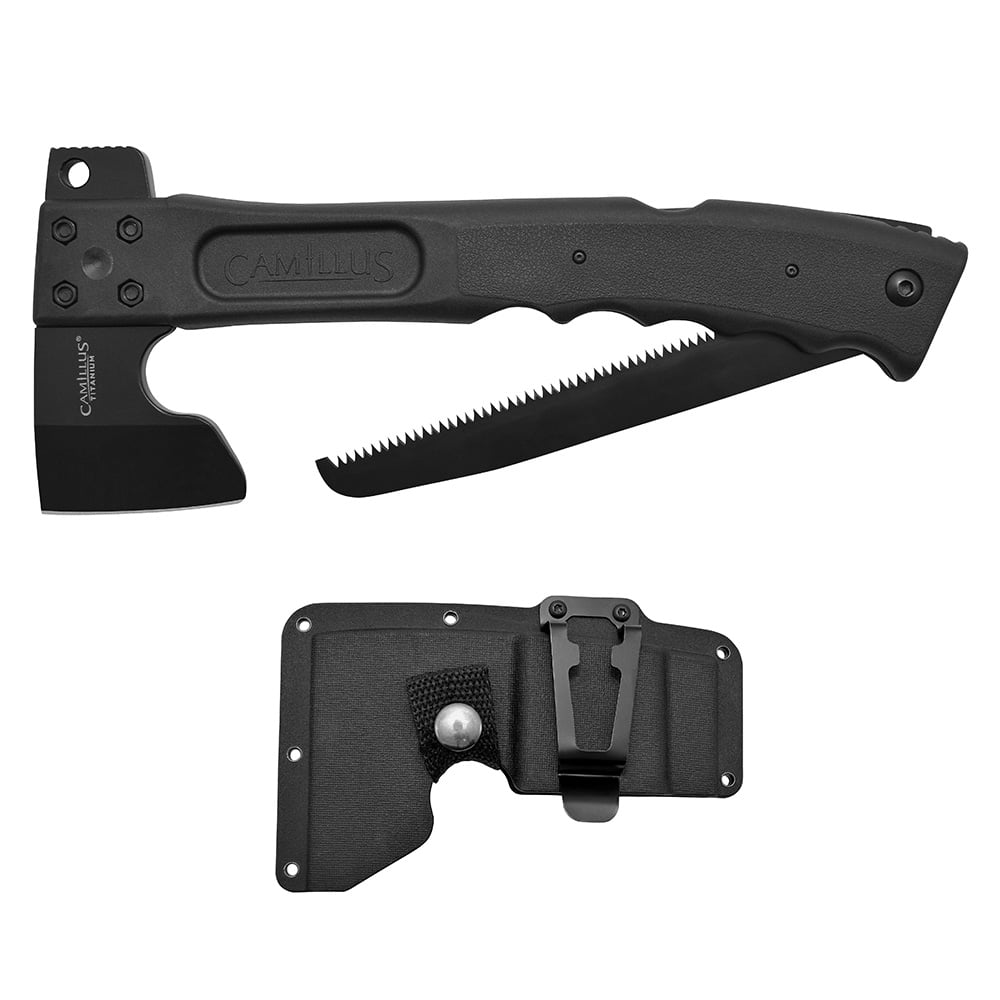 Camillus Camtrax 3-in-1 Hatchet 7" Lock Back Saw and Hammer, 2.75" Blade with Sheath, Black