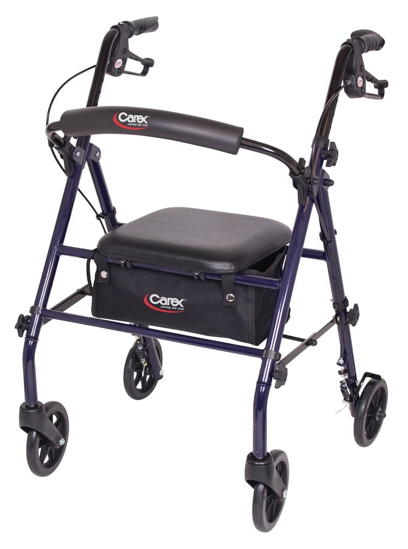 Carex Steel Rollator Transport Walker with Padded Seat, 6" Wheels & Storage Pouch, 350 lb Capacity