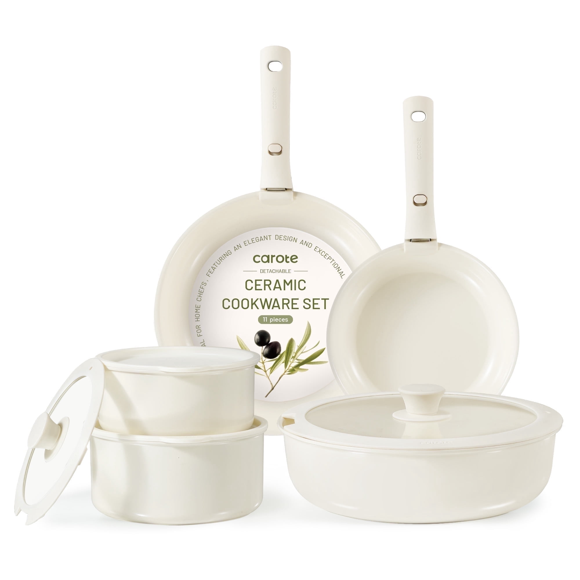 Carote 11 Pcs Ceramic Cookware Set, Pots and Pans Set Non Stick with Detachable Handles, Oven Safe, Induction Cookware, Stackable Kitchen Set, Cream White