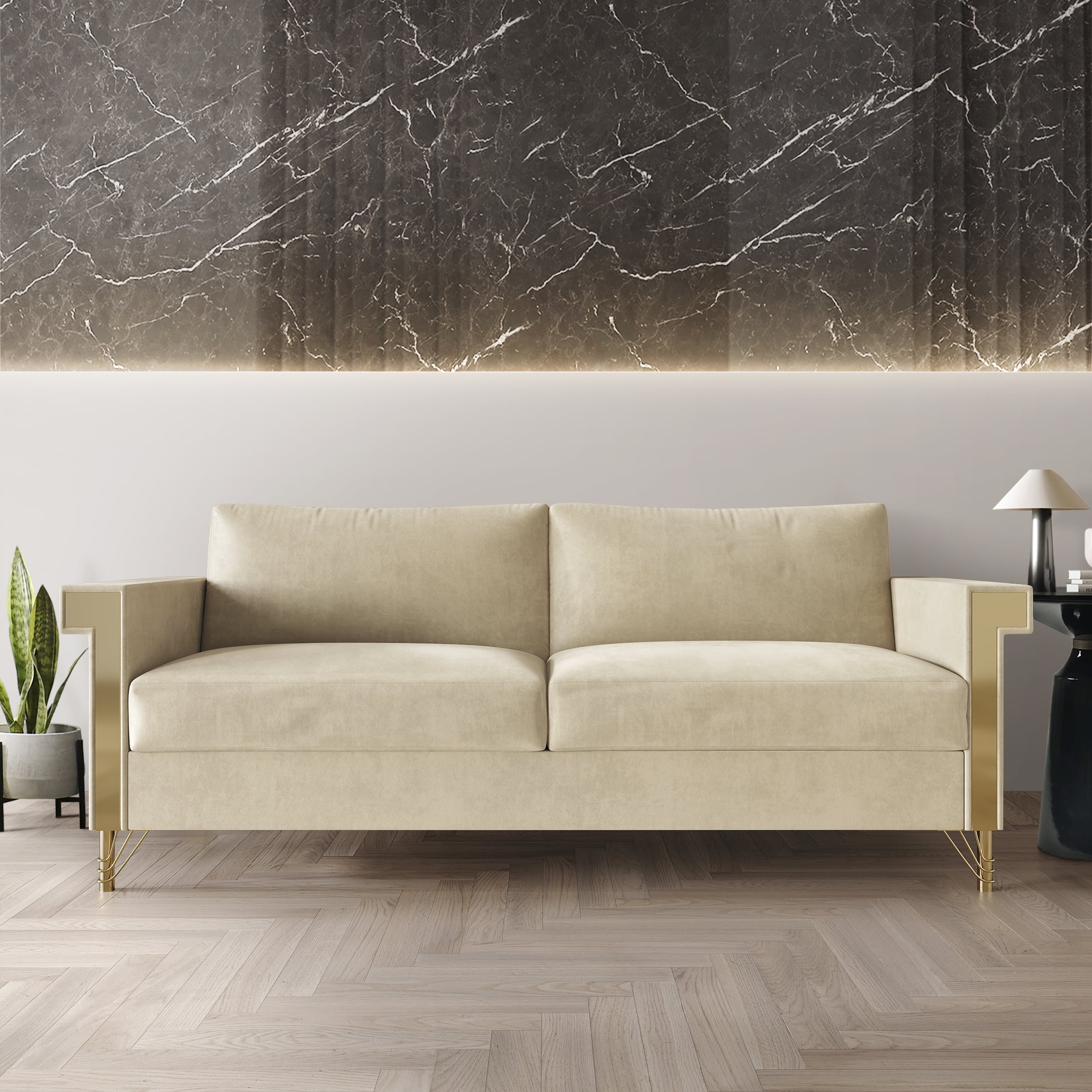 Castle Place Comtemporary Glam Velvet Upholstered Sofa, Champagne