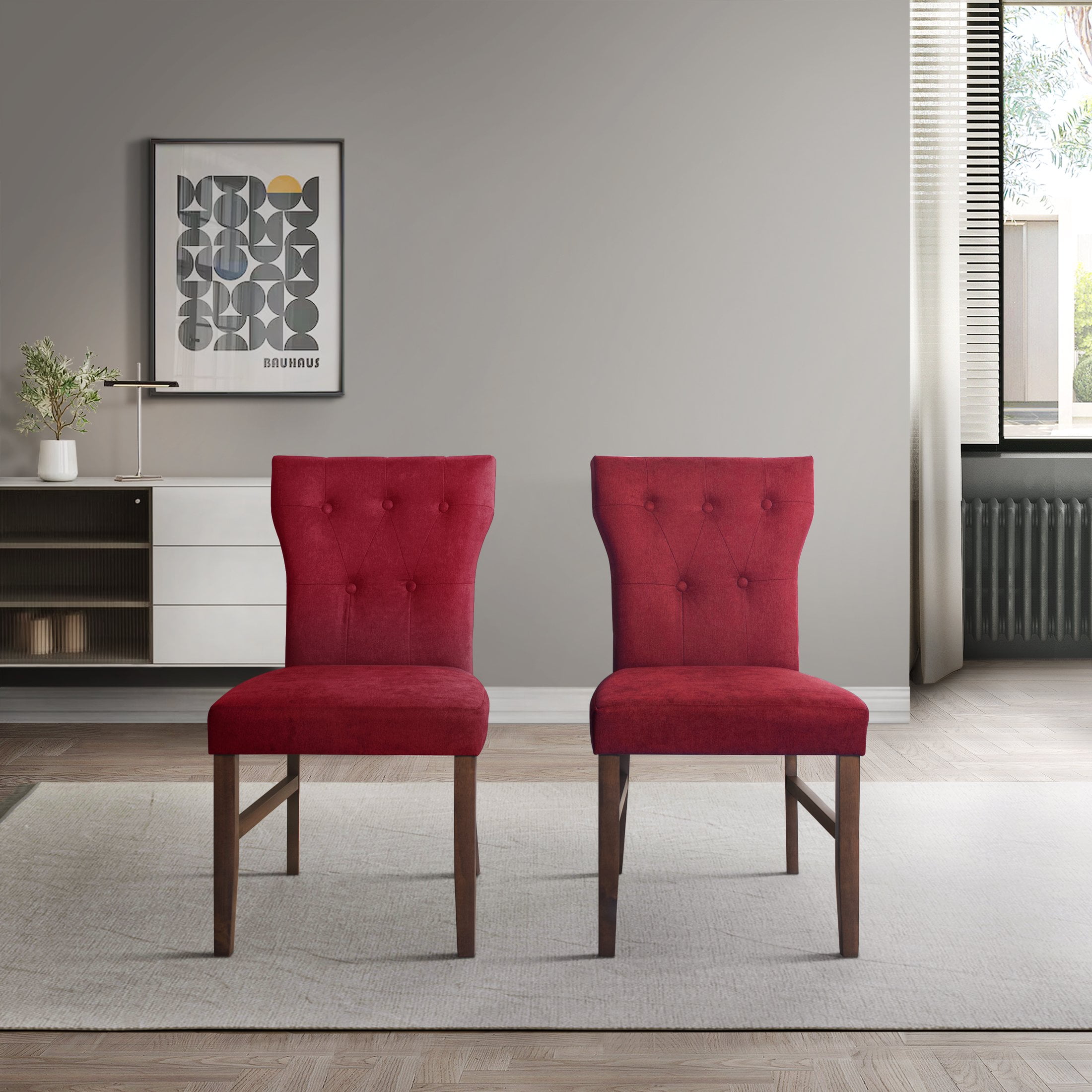 Castle Place Glam Wooden Linen Upholstered Dining Chairs, Red, Set of 2