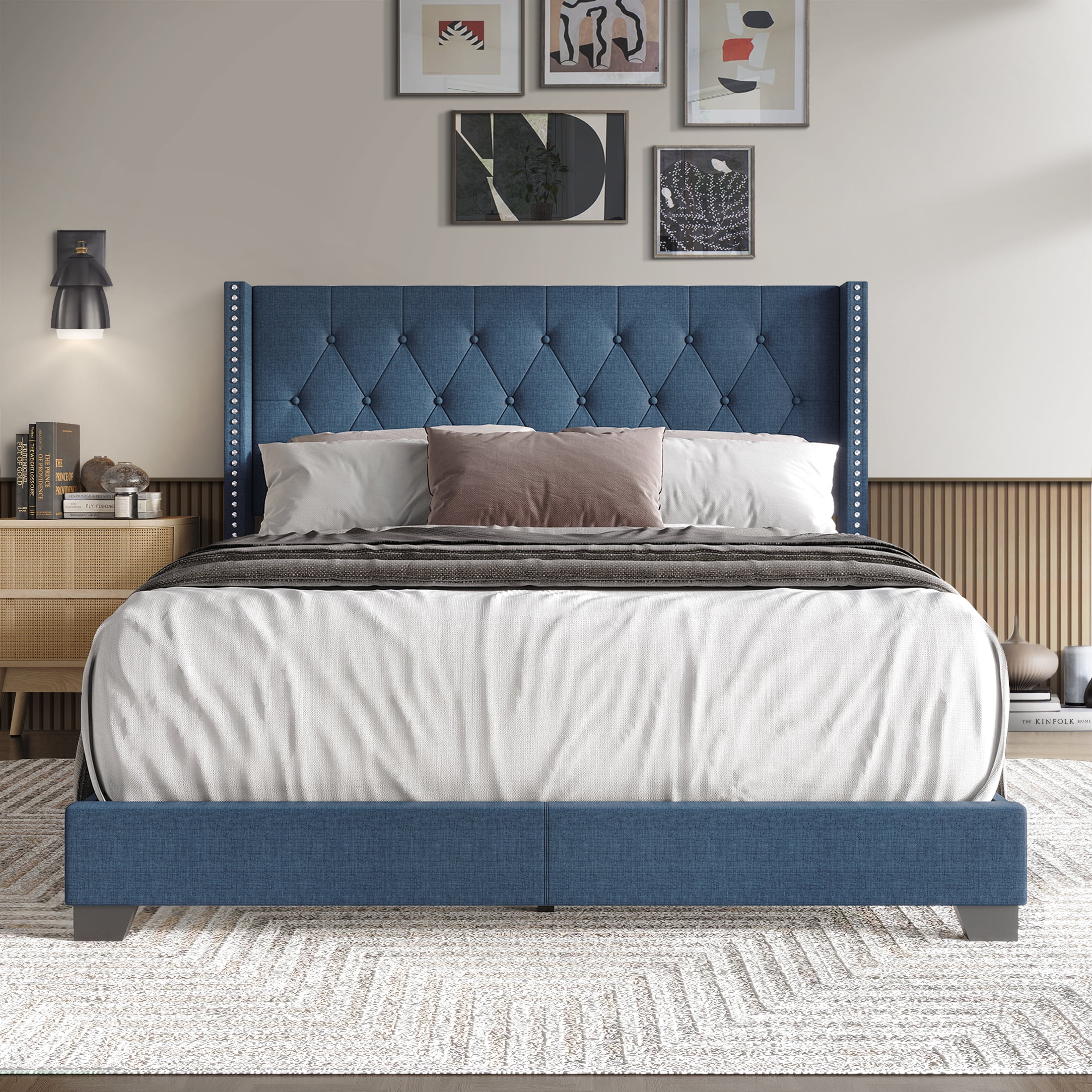 Castle Place Nailhead Trim Wingback Linen Upholstered Bed, Blue, Full