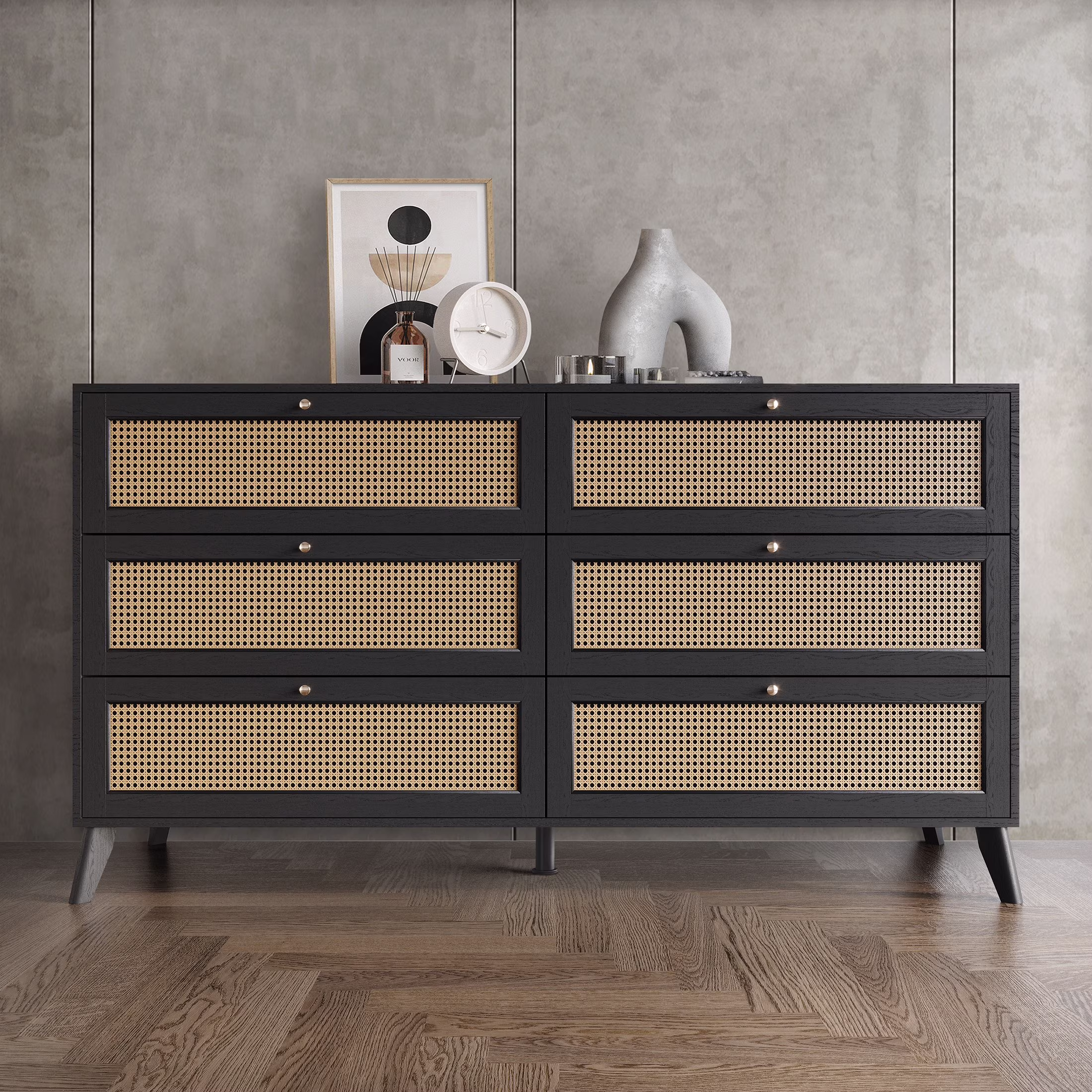 Castle Place Adult 6-Drawer Wooden Dresser with Rattan Accents, Black