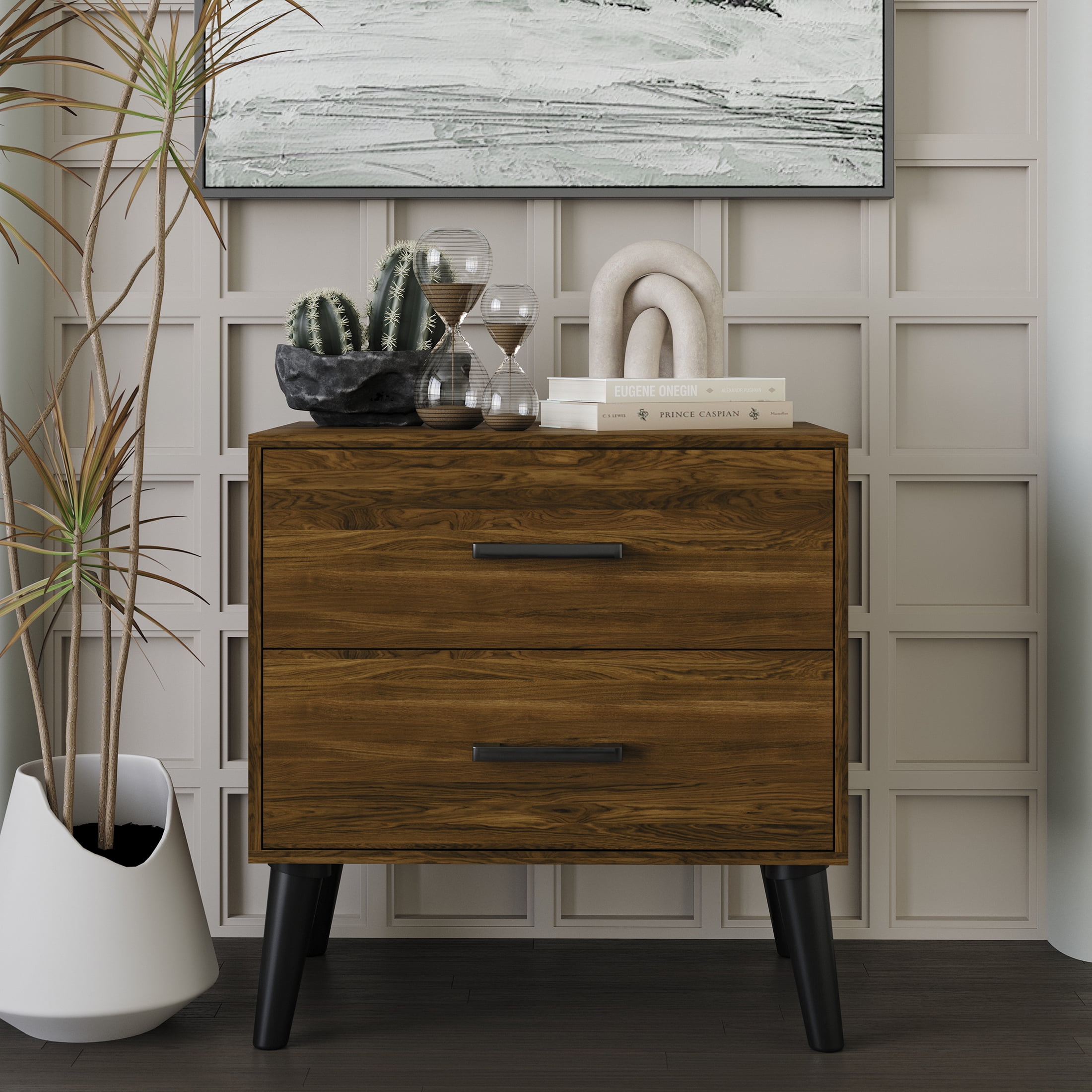 Castle Place Rustic 2 Drawers Wooden Nightstand, Brown