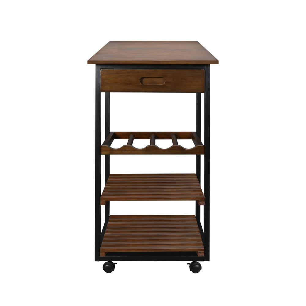 Casual Home Solid Wood Small 4-Tier Rolling Kitchen Cart with Wine Rack and Drawer