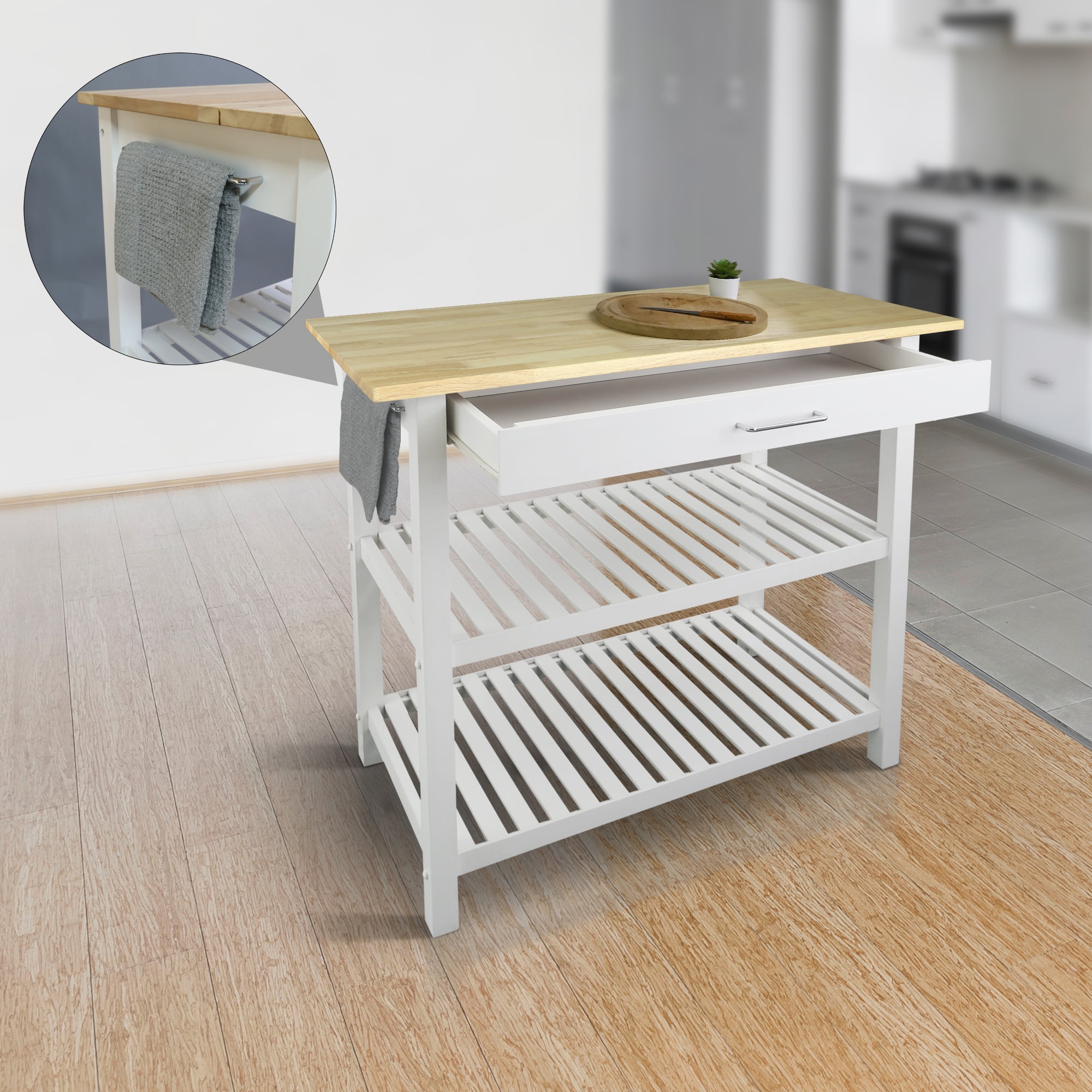 Casual Home Solid Wood 40"W Kitchen Island with Drawer, Two Shelves, and Towel Racks, American Maple Top, Two-Tone Finish (Natural White)