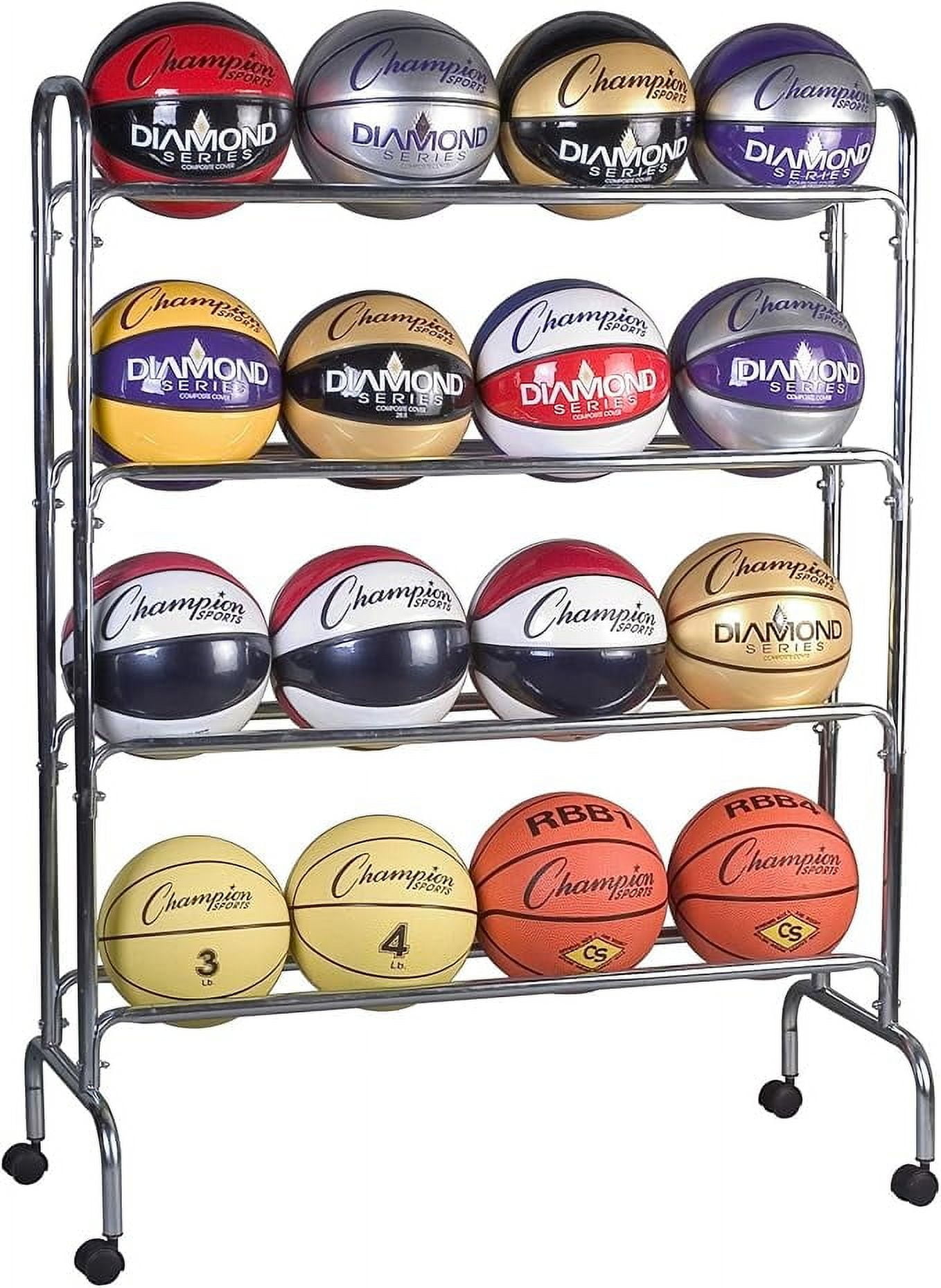Champion Sports Four Tier Basketball Storage Cart Rack, 16 Ball Capacity (Silver)