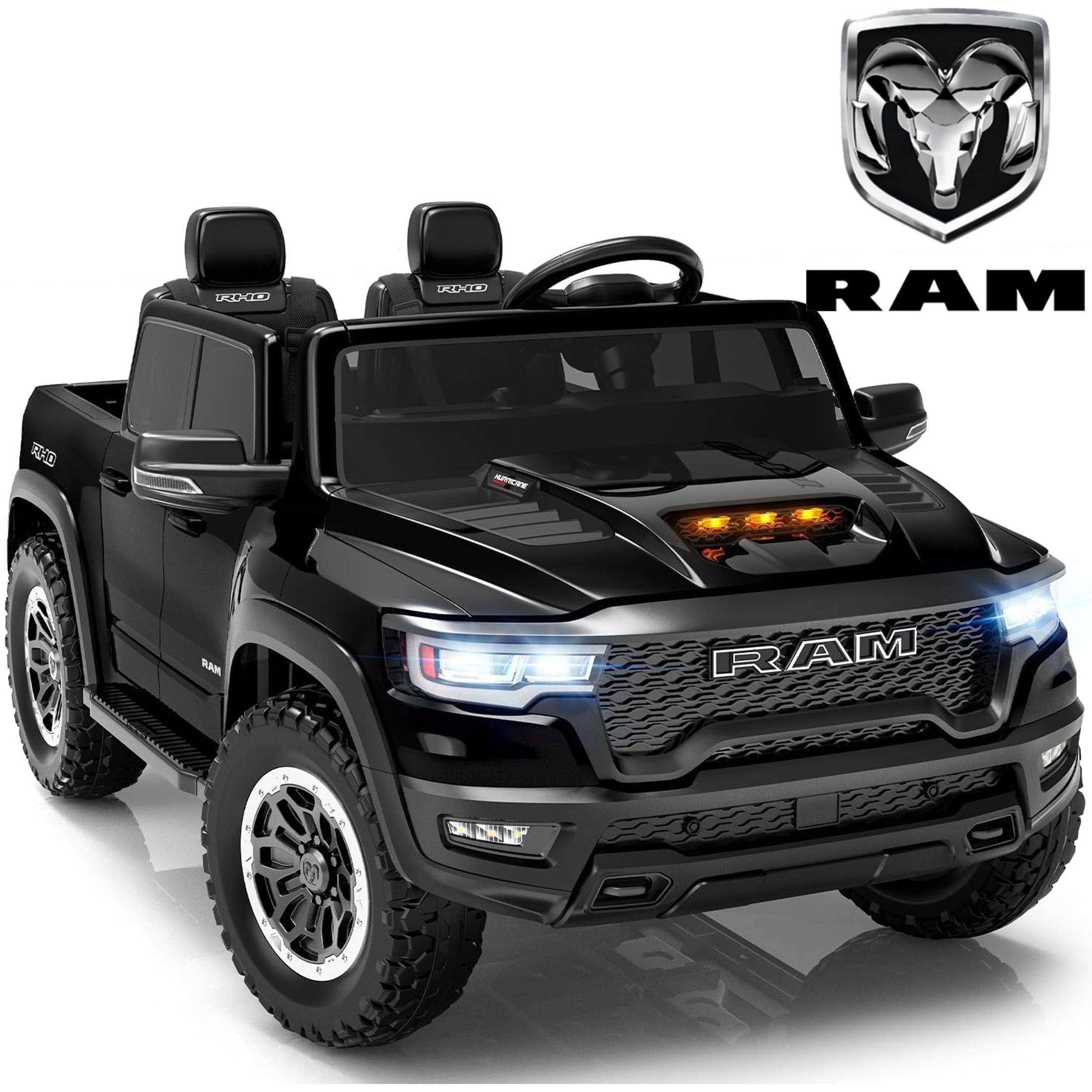 RAM 24V Ride on Cars for Tow Kids, RAM 1500 RHO 2 Seat Battery Powered Ride on Toys with Remote Control, 4 Wheels Suspension Trunk, LED Light, MP3 Player, Electric Car for Kids Boy Girl Gift, Black