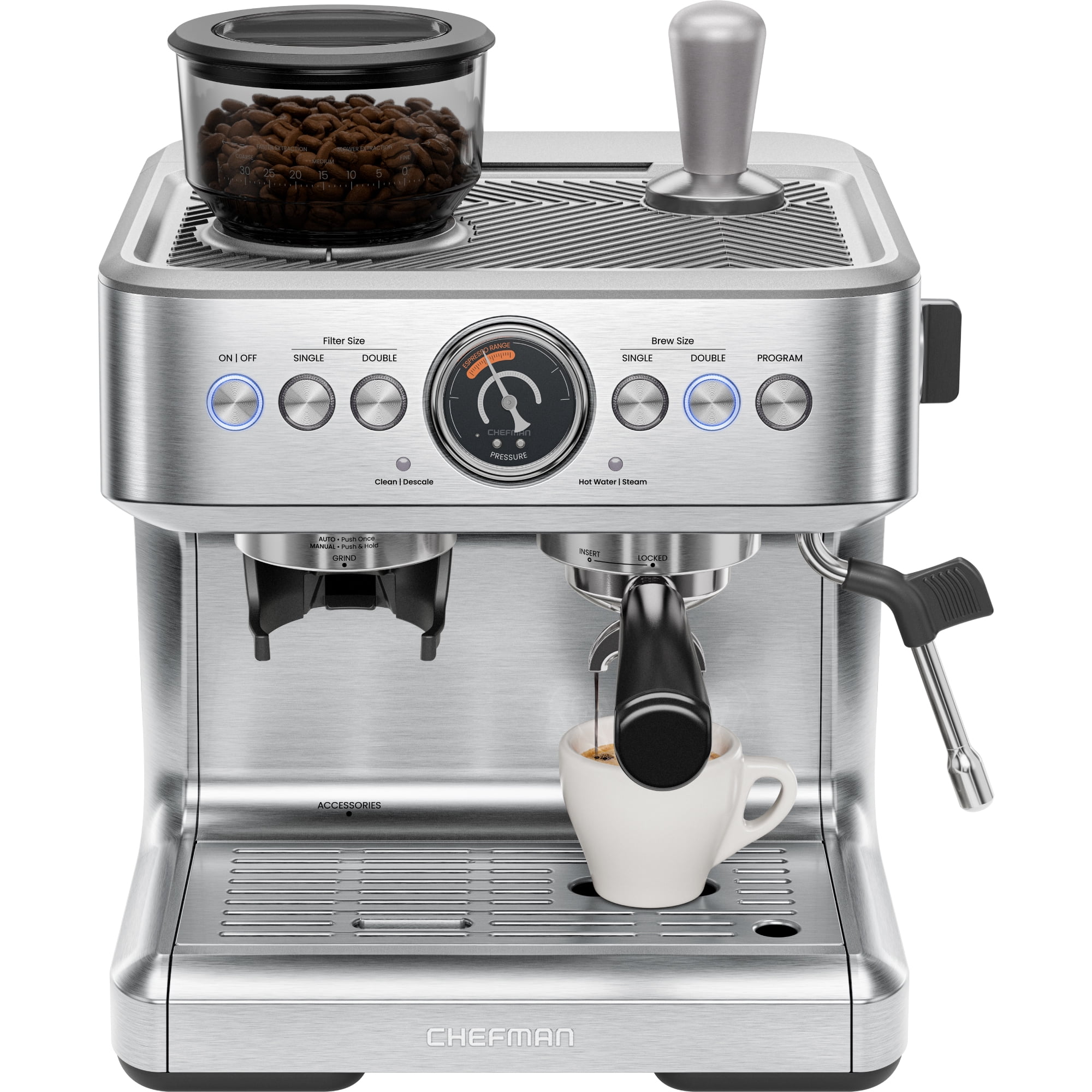Chefman Crema Supreme Espresso Machine with Conical Burr Grinder and Steam Wand – Stainless Steel, New