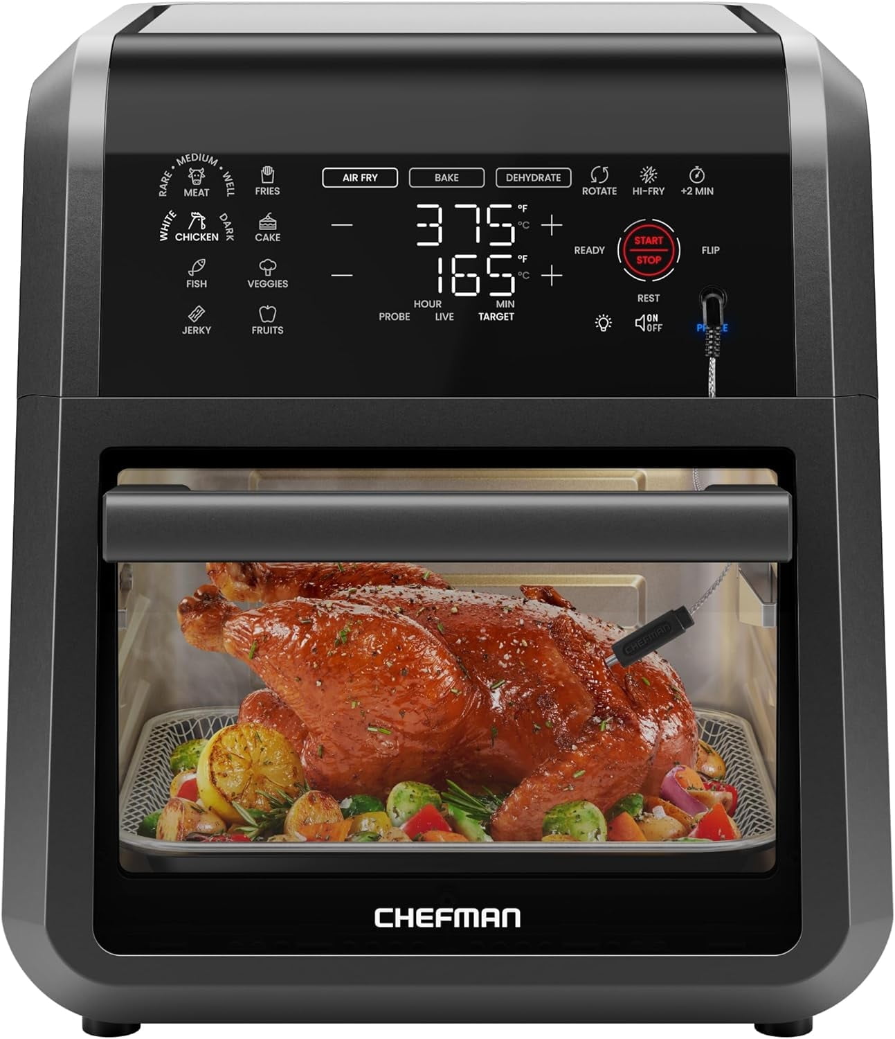 Chefman 12 Qt. Air Fryer 5 Functions w/ Integrated Smart Thermometer, 28 Presets, Black