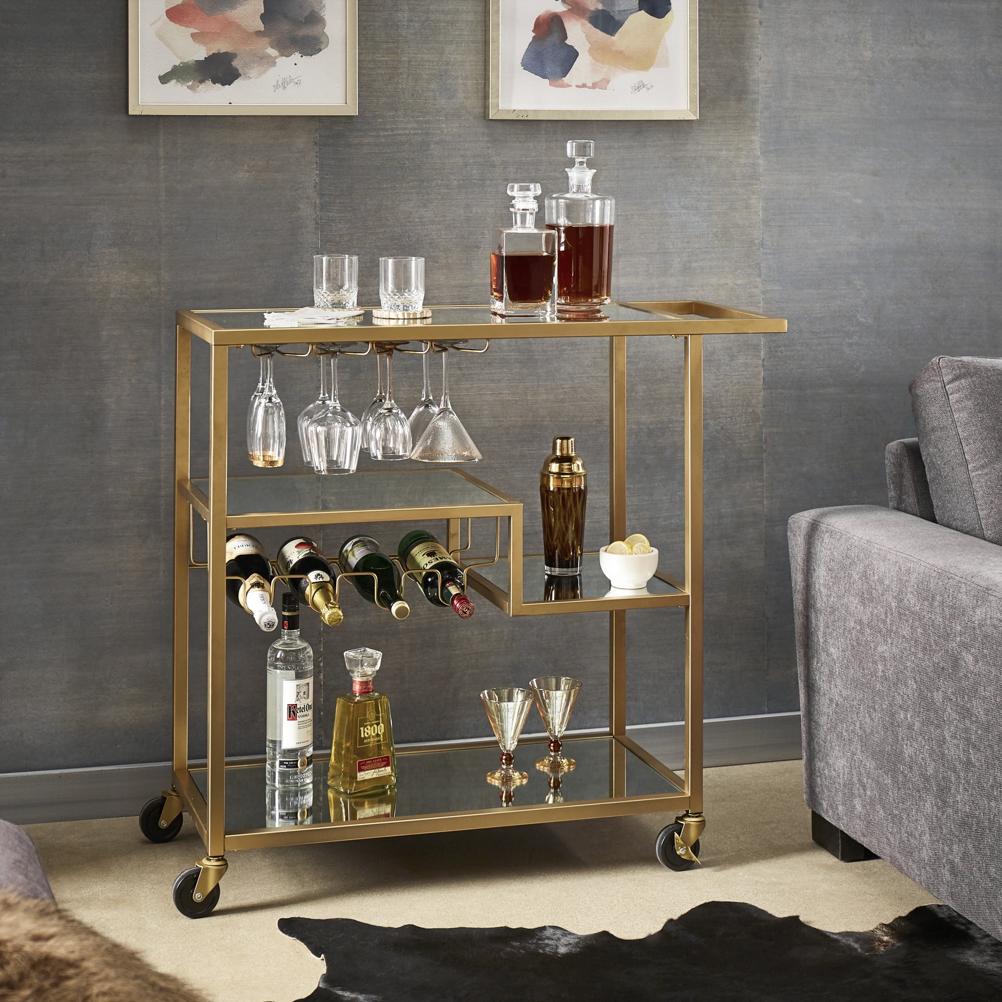 Chelsea Lane Mirror Glass Top Metal Bar Cart, Champagne Gold