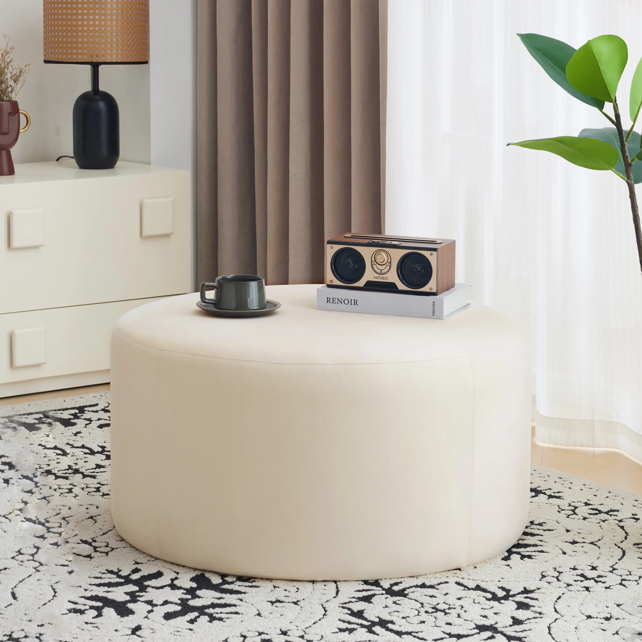 Christopher Knight Home 30" Velvet Upholstered Round Ottoman, Wood Frame, Cream