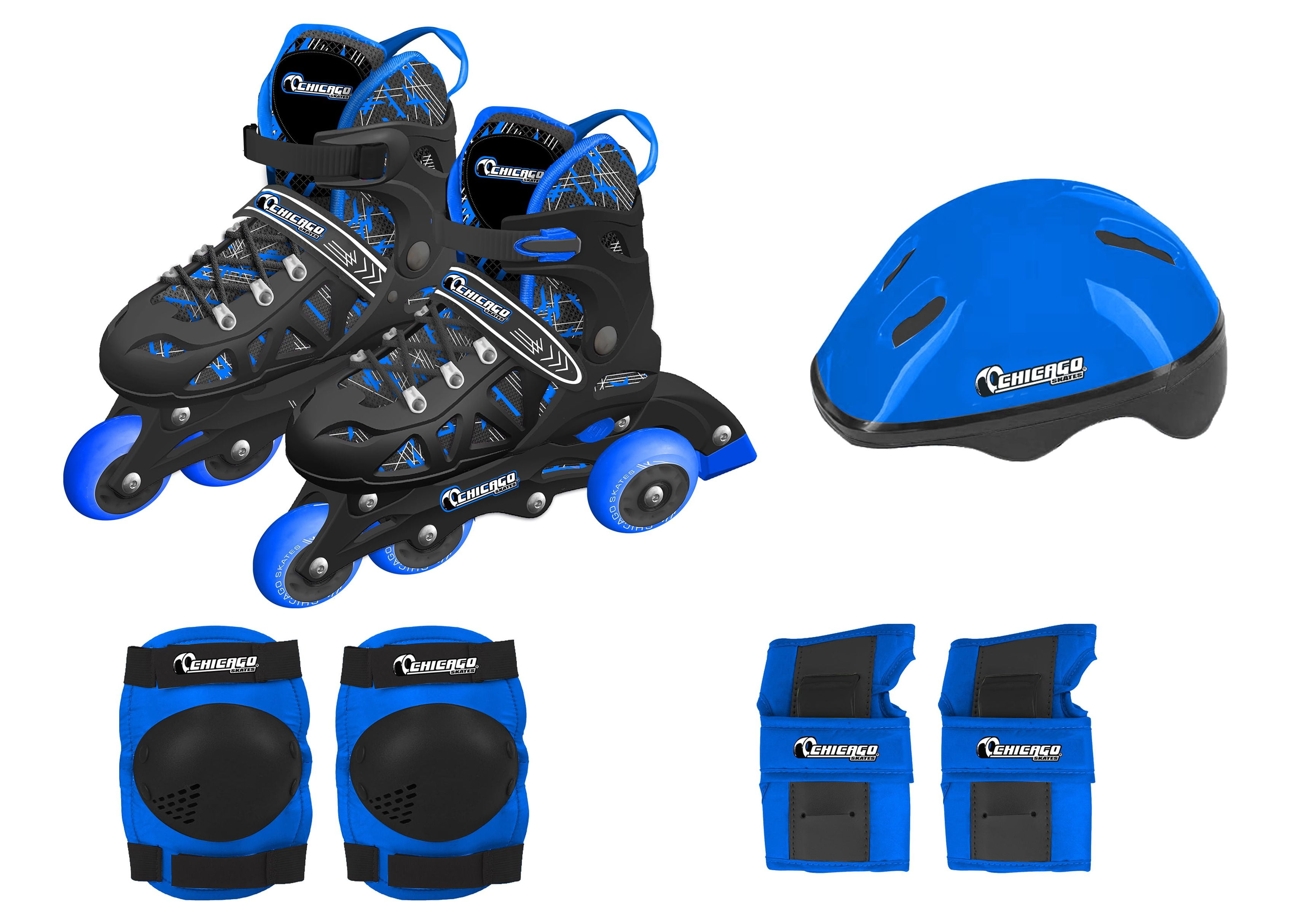 Chicago Skates Adjustable Inline Training Skate Combo Set Black/Blue/White, Includes Skates, Helmet, Knee pads, Wrist guards and Carryall backpack, Size Medium (1-4)