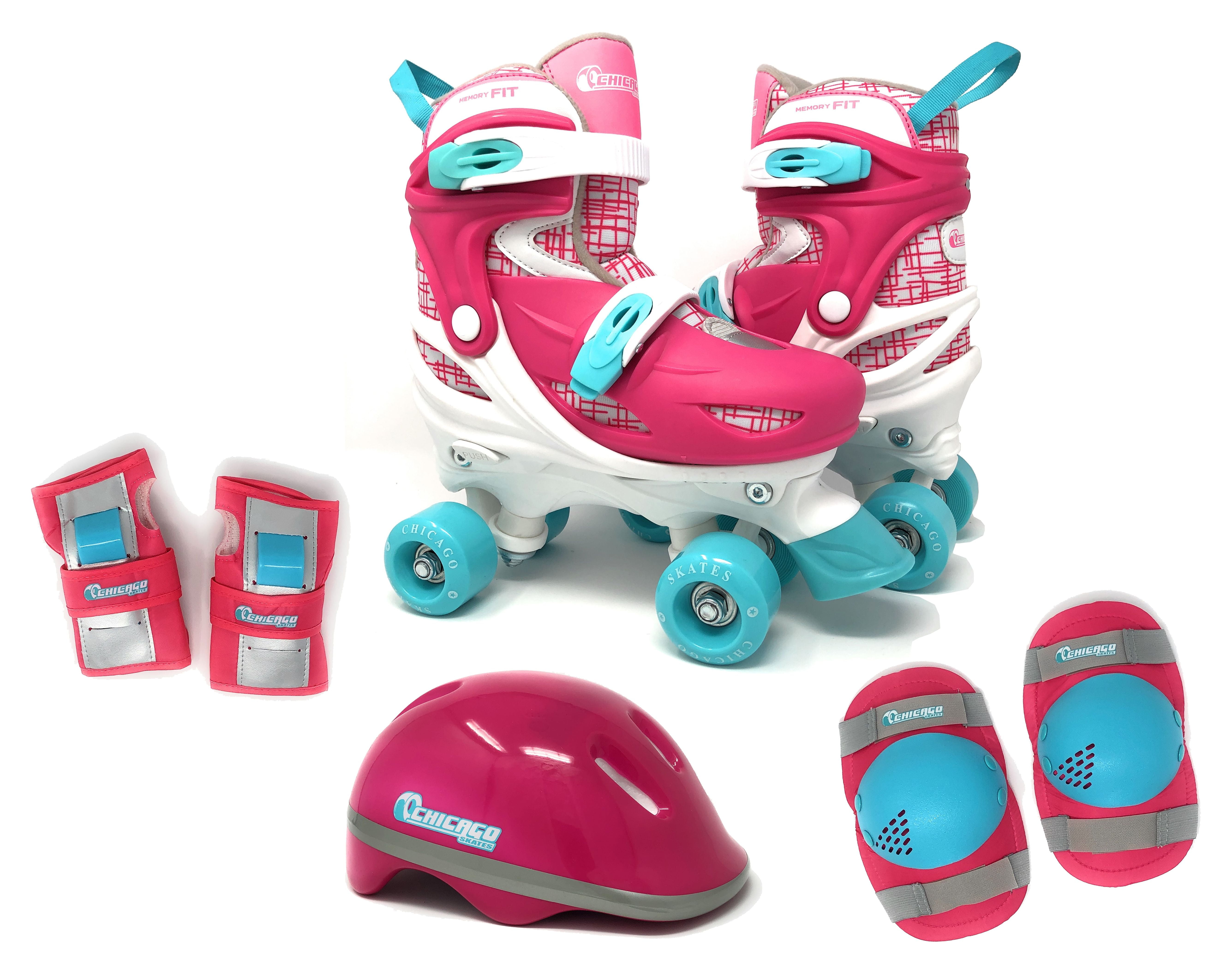 Chicago Skates Adjustable Quad Roller Skate Combo Set Pink/White/Teal – Skates, Helmet, Knee Pads, And Wrist Guards - Size Medium(1-4)