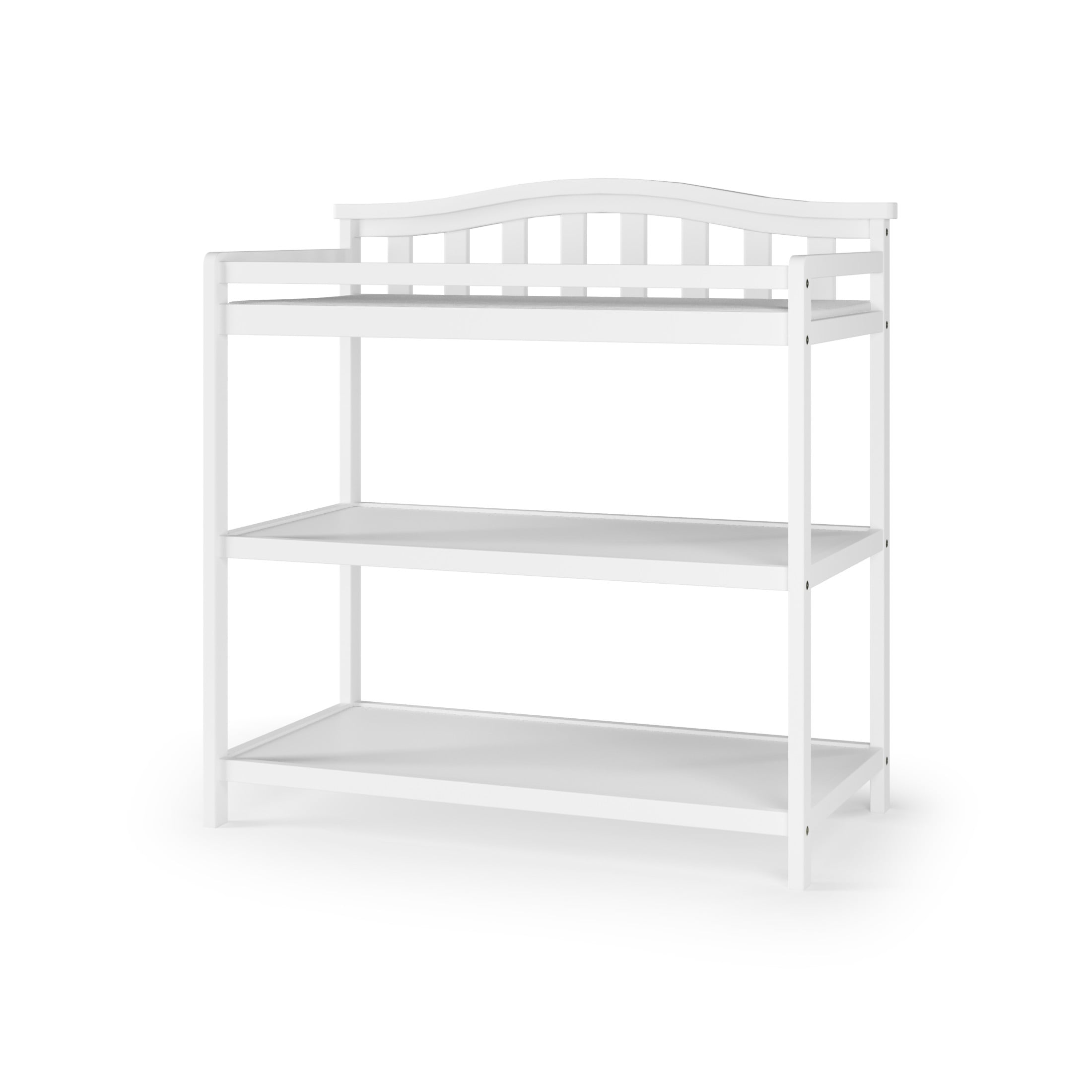 Child Craft Arch Top Changing Table with Pad & Safety Strap, 2 Storage Shelves, Anti-Tip Kit, Matte White