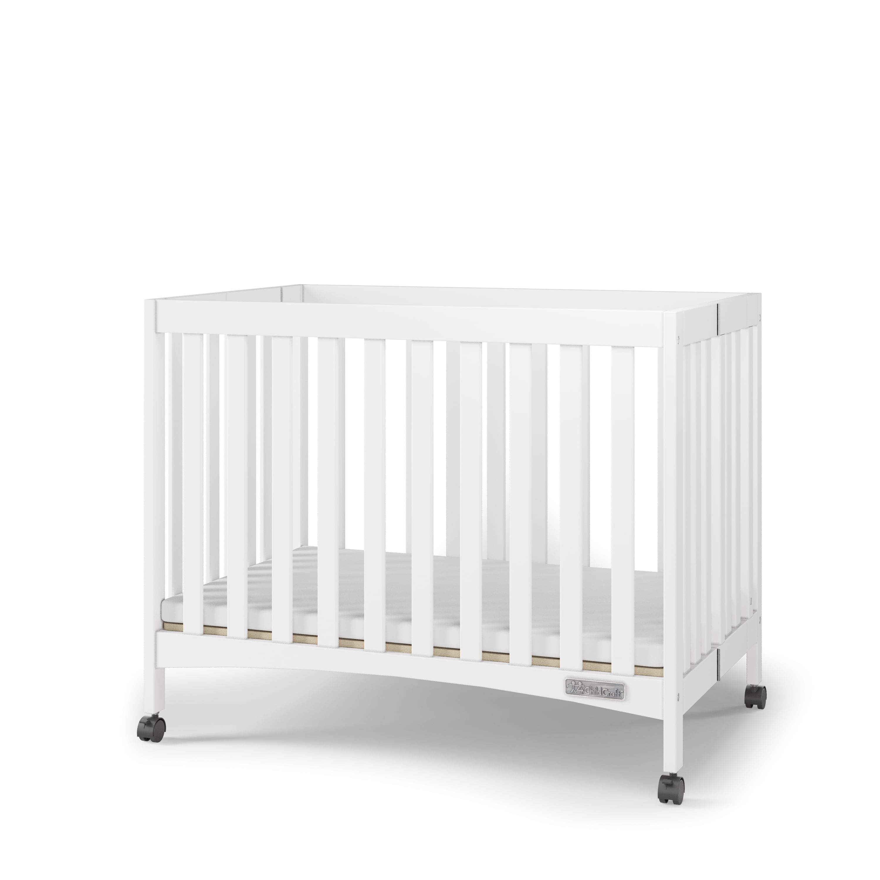 Child Craft London Folding Portable Mini Crib with 2-inch Mattress, Matte White