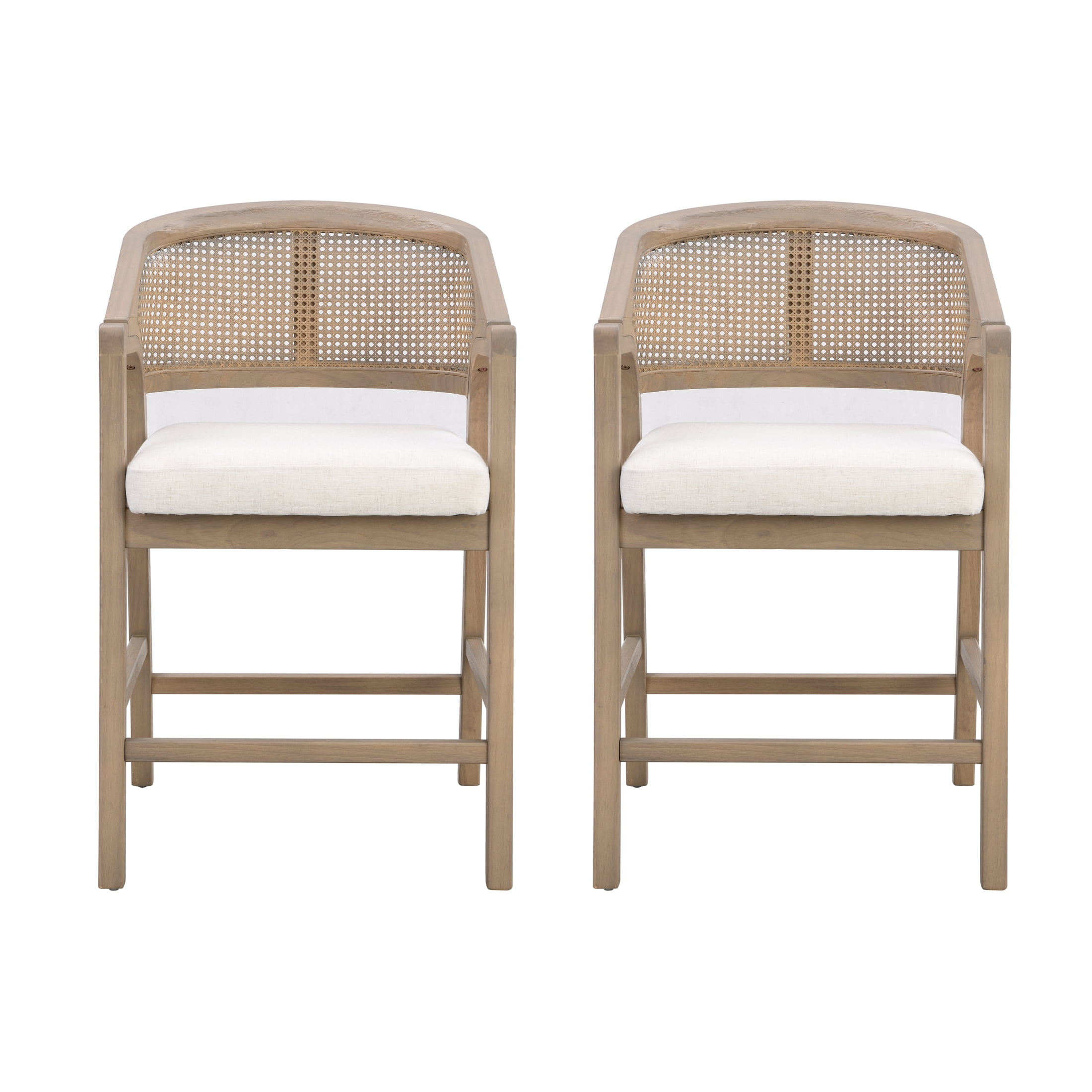 Christopher Knight Home Mid-Century Modern 24" Counter Stools, Cane Backs, Solid Wood, Beige+Light Ash, Set of 2