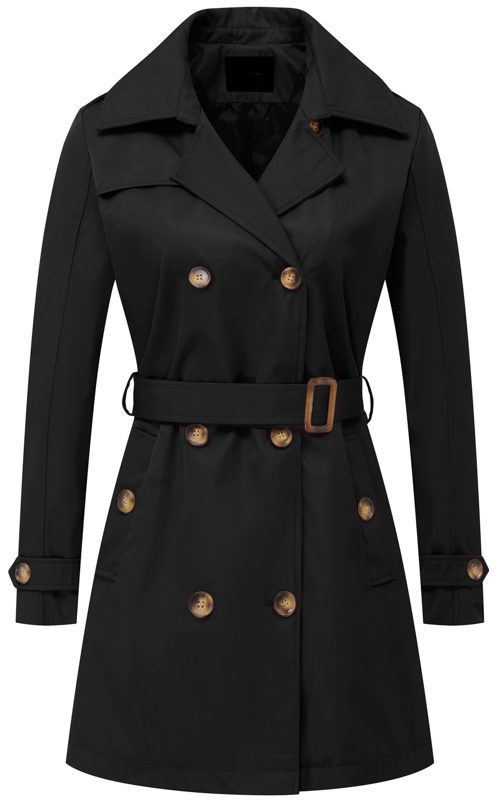 Chrisuno Women's Double-Breasted Trench Coat Mid-Length Belted Lapel Overcoat Pea Coats Outerwear Black S