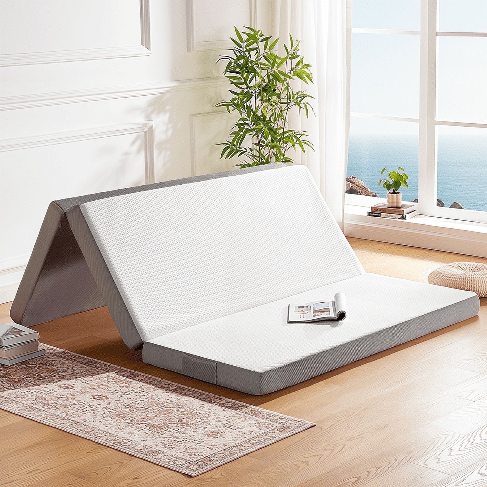 4 inch Tri Folding Memory Foam Mattresses Topper with Removable & Washable Cover, Single