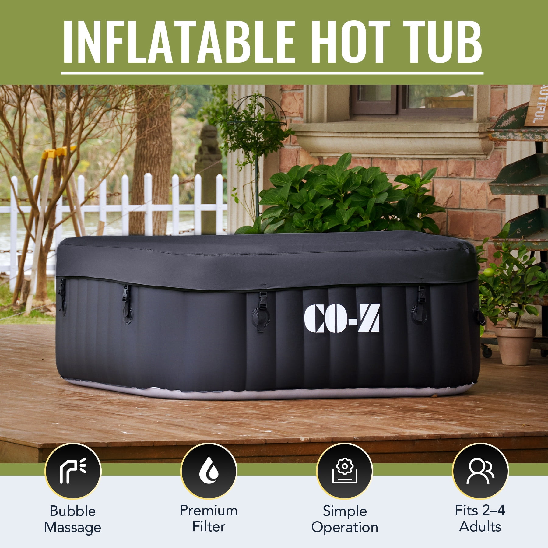 CO-Z 4 Person Portable Bathtub 5x5ft w 120 Jets & 1200W Heater for Outdoor Spa & More Black