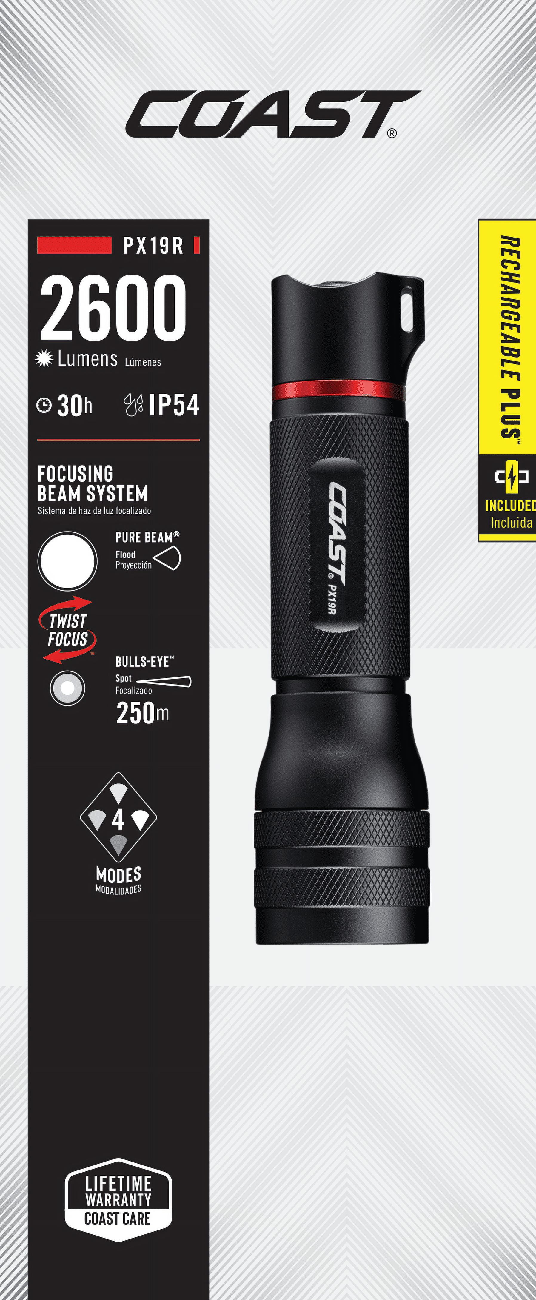 COAST PX19R Rechargeable LED Flashlight – 2600 Lumens, USB-C, Dual Power, 4 Light Modes