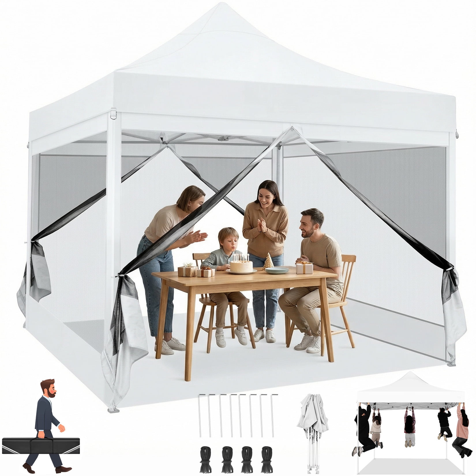 COBIZI 10x10 Heavy Duty Canopy, Pop Up Canopy Gazebo with Netting, Waterproof & Sunproof Party Tent with Mosquito Net, Outdoor Instant Canopy for Outside Party Backyard, Weddings, Birthdays, White