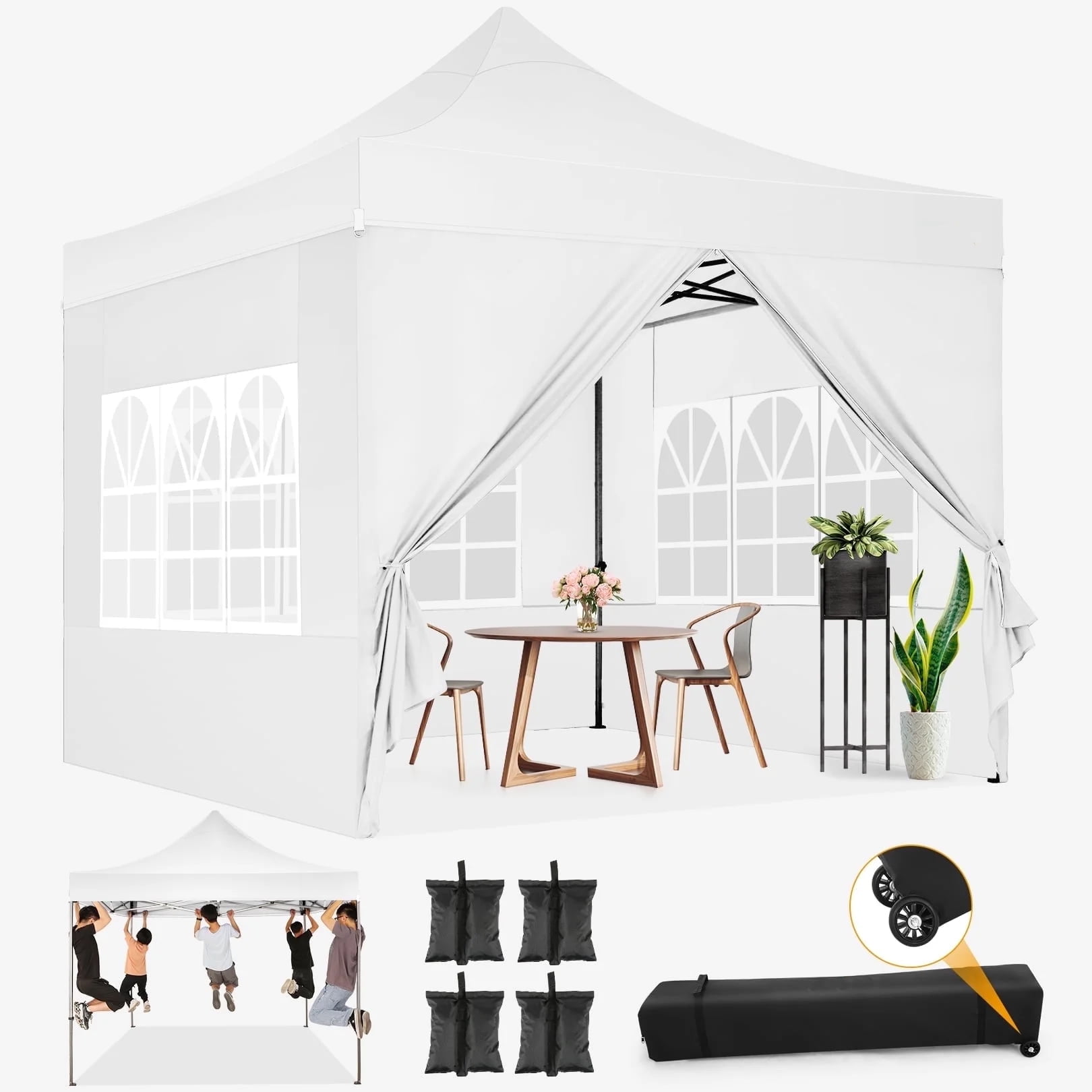 COBIZI 10x10 Pop up Canopy Commercial Heavy Duty Canopy Tent with 4 sidewalls Easy Up Outdoor Party Tent Instant Canopy All Season Windproof & Waterproof Canopy with Roller Bag,White(Frame Thickened)