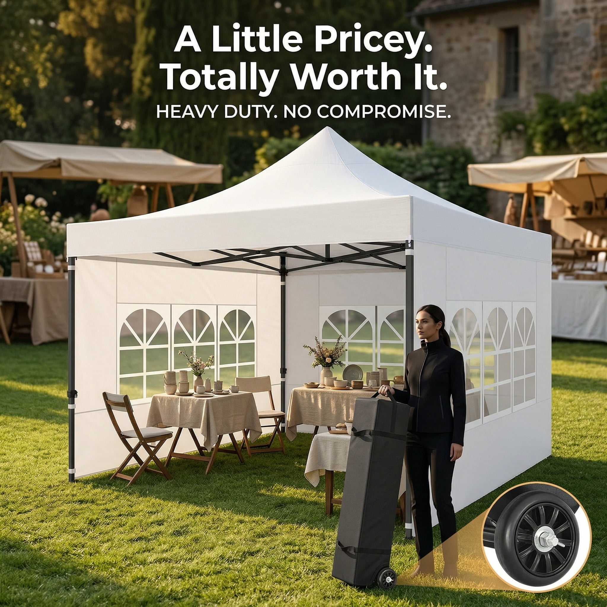 COBIZI 10x10FT Pop up Canopy Tent with 4 Sidewalls, Heavy Duty Waterproof Outdoor Party Gazebo, Instant Setup Windproof Shelter with Roller Bag, White