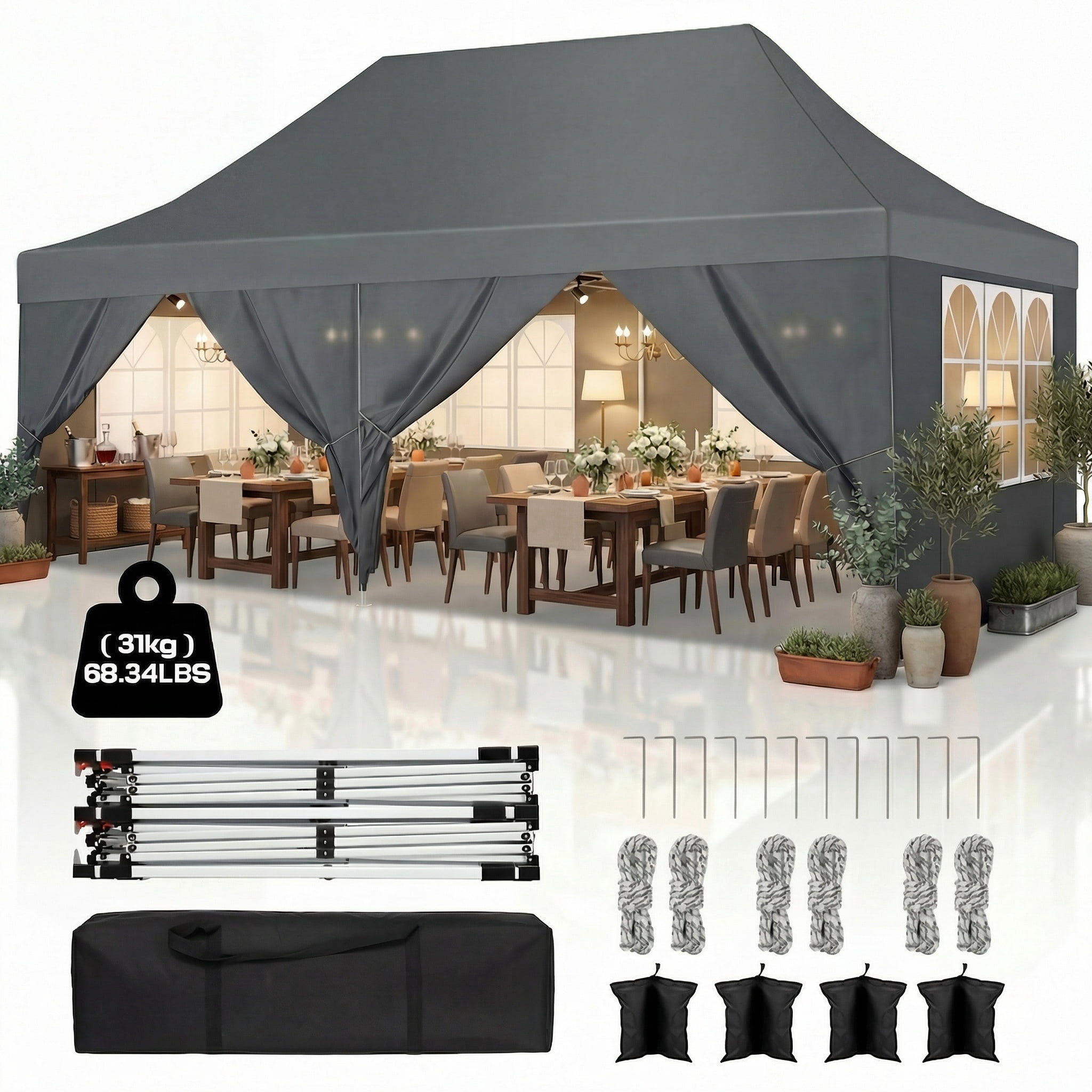 COBIZI 10x20 Pop up Canopy with 6 Removable Sidewalls,Outdoor Waterproof Canopy Tents for Partie Wedding,Instant Sun Protection Shelter with Upgrade Raised Roof and Carry Bag,Gray