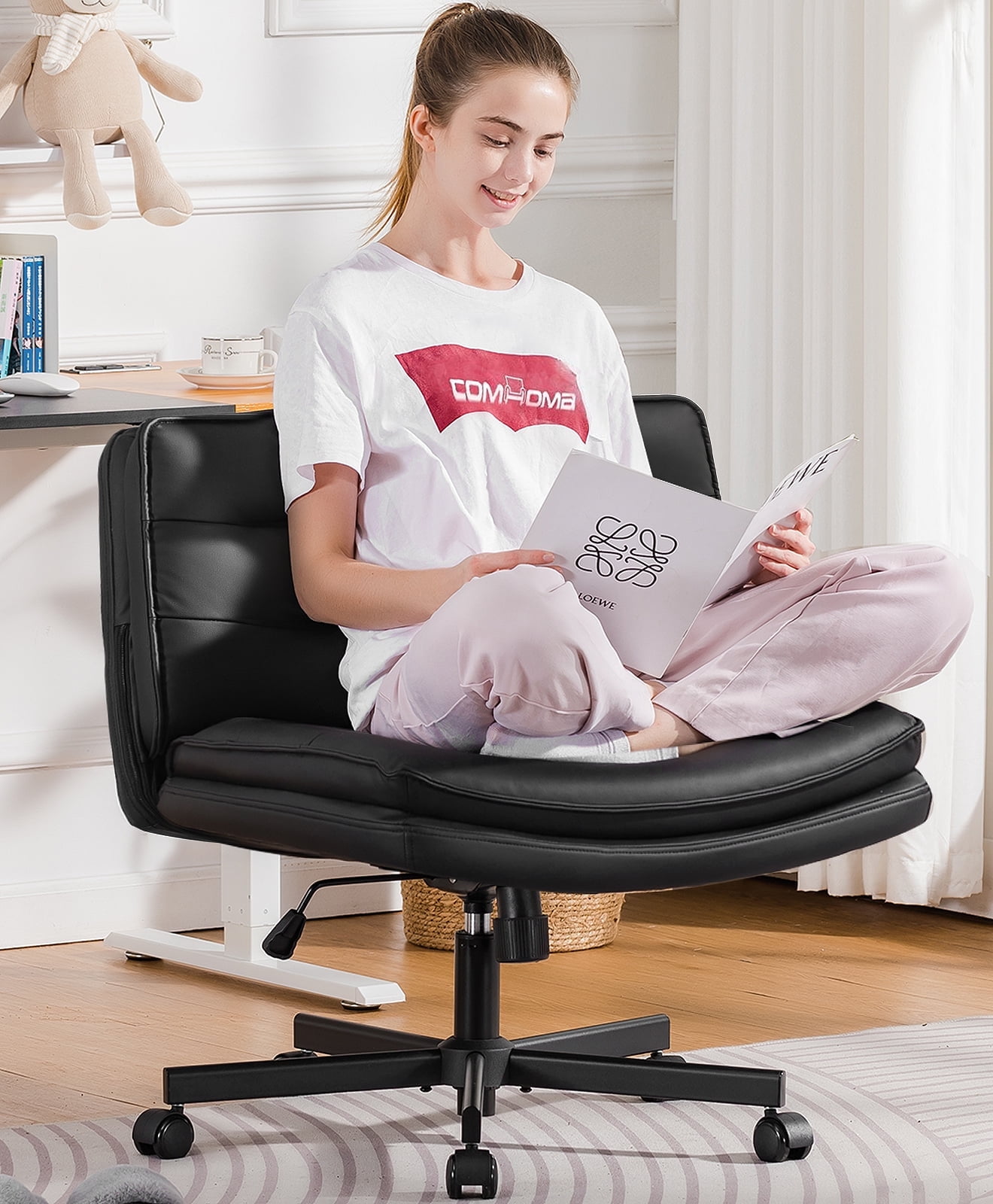 COMHOMA Armless Office Desk Chair with Wheels, PU Leather Padded Cross Legged Office Chair, Modern Swivel Vanity Chair Height Adjustable Wide Seat Computer Task Chair, Balck