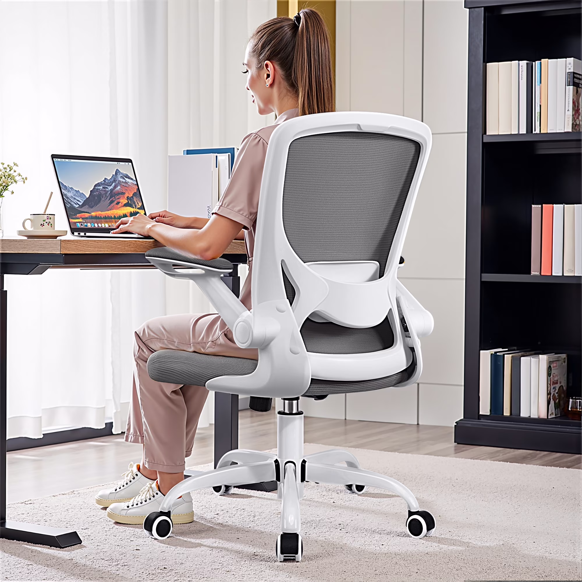 COOLHUT Office Chair, Ergonomic Office Chair, Comfort Home Office Task Chair, Lumbar Support Computer Chair with Flip-up Arms and Adjustable Height, 350LBS, Dark Gray