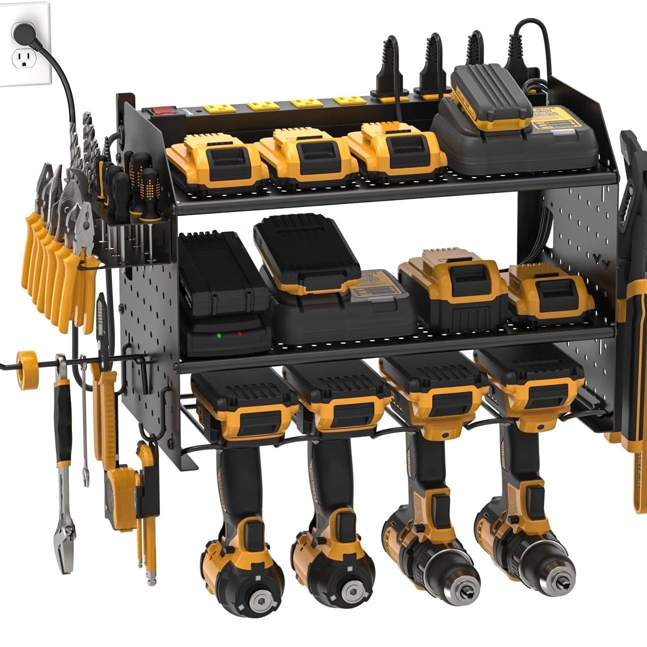 CRST Power Tool Organizer Wall Mount Cordless Drill Holder with 8-Outlet Heavy Duty Power Strip, Modular Garage Organization Storage Rack Shelf, DIY Pegboard, Gift for Men, Black