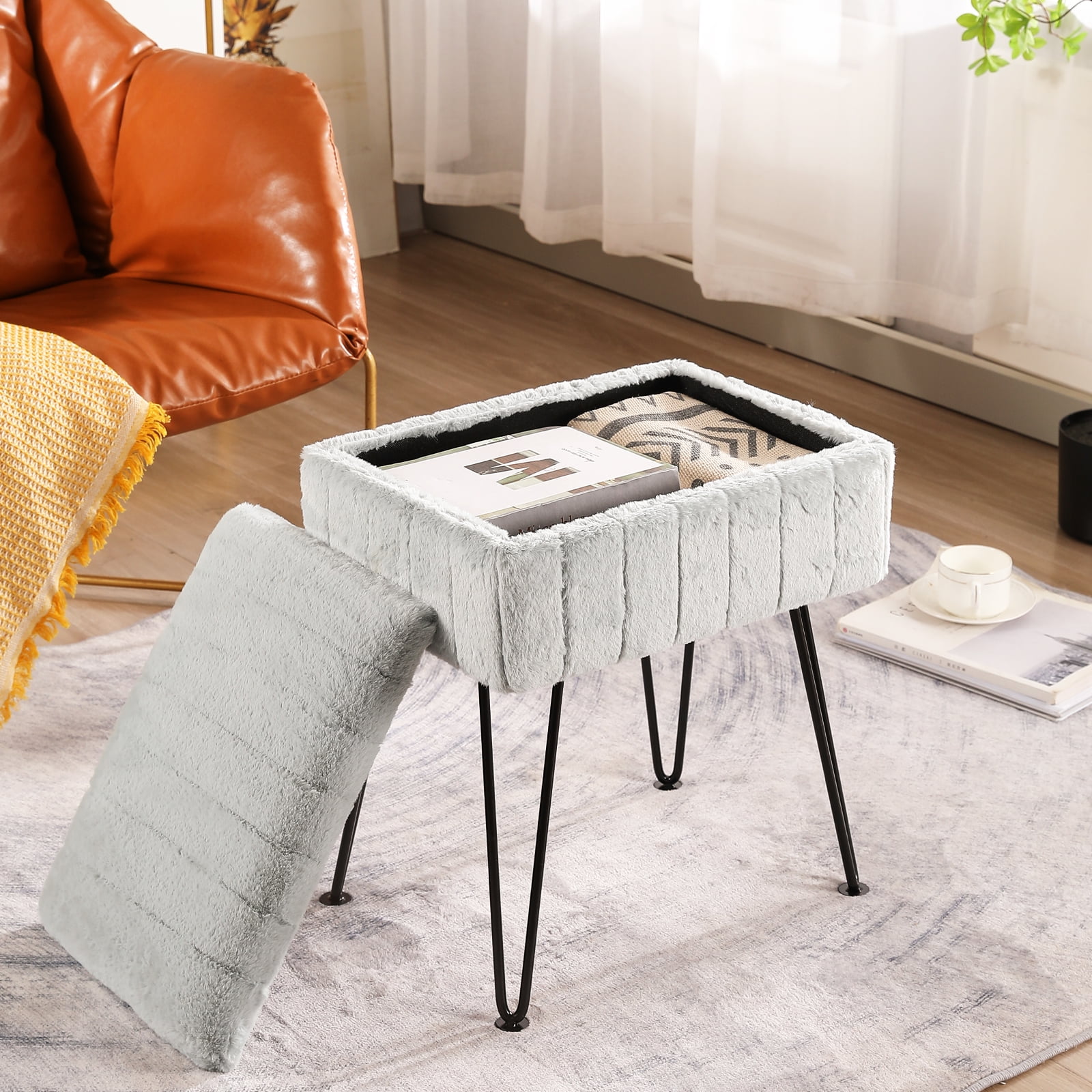 CUYOCA Vanity Stool Chair with Storage, Footstool Ottoman Faux Fur with Metal Legs, Pale Green