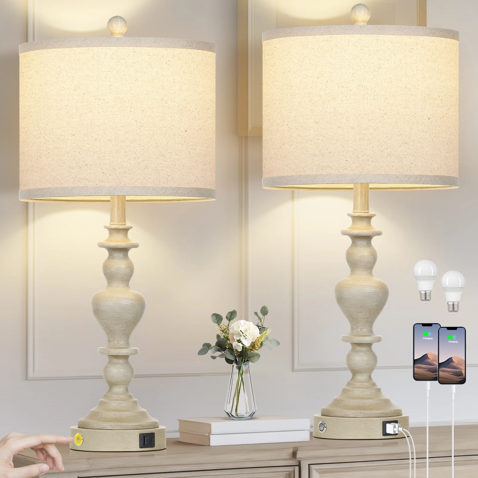 Cinkeda Farmhouse Table Lamp Set of 2 for Bedroom Living Room 28" Vintage White 3 Way Dimmable Touch Control Nightstand Bedside Lamp with USB C+A Ports AC Outlet