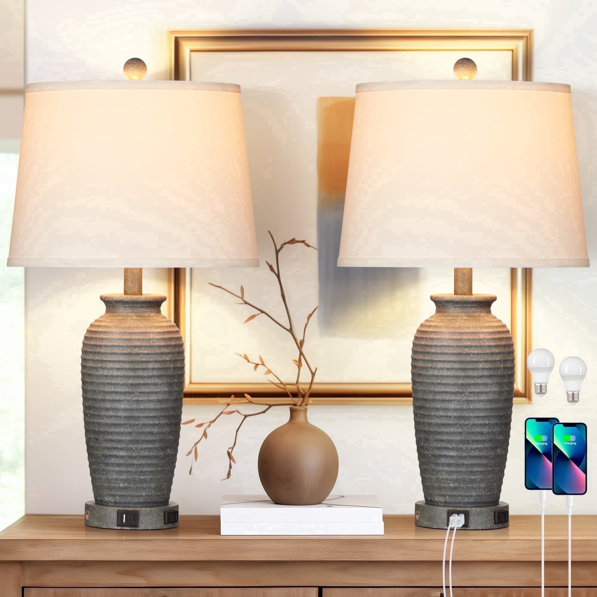Cinkeda 24" Retro Resin Table Lamp Set of 2 with USB Type-C Ports AC Outlet 3 Way Dimmable Touch Control Grey Jar Bedside Nightstand Lamps for Living Room Bedroom