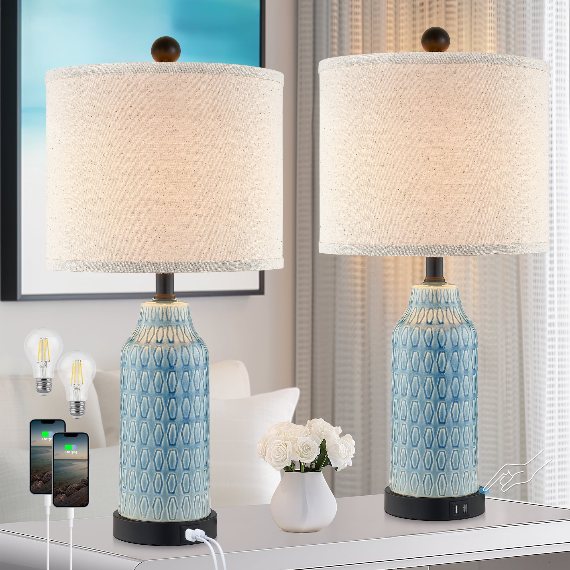 Cinkeda 3 Way Dimmable Touch Ceramic Table Lamps Set of 2 with USB Ports 22.5" Farmhouse Nightstand Bedside Lamp for Living Room Bedroom