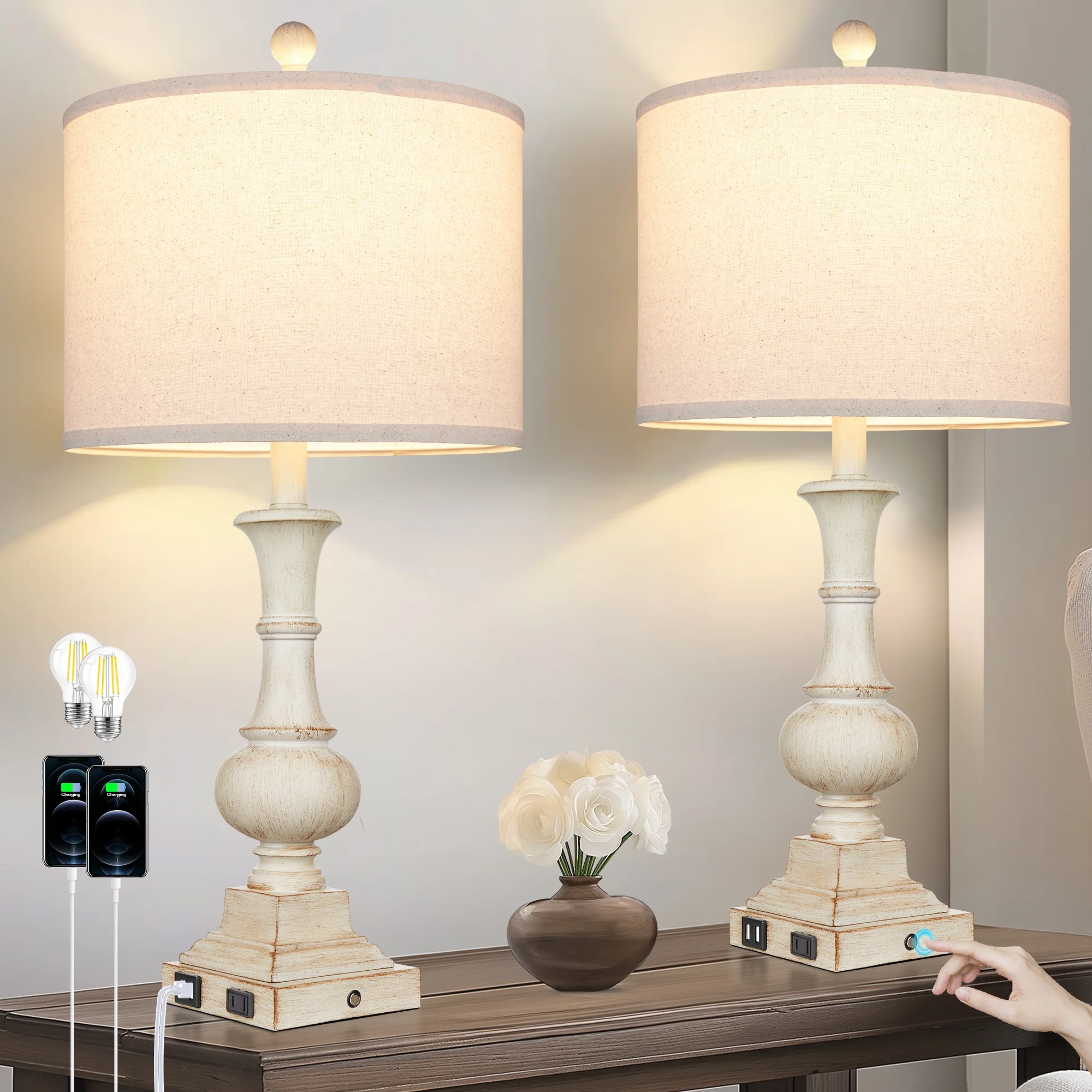 Cinkeda 3 Way Dimmable Touch Table Lamp Set of 2 for Bedroom Living Room Modern Farmhouse Resin Bedside Nightstand Lamps with USB Ports AC Outlet