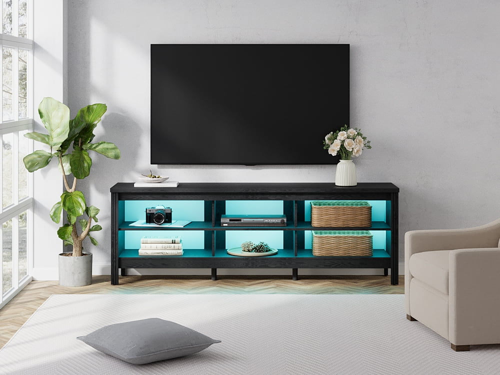 Classic TV Stand for 75 Inch Flat Screen with 16 Color LED, Wood Entertainment Center for Living Room, TV Media Console with Storage, Black, 70 Inch