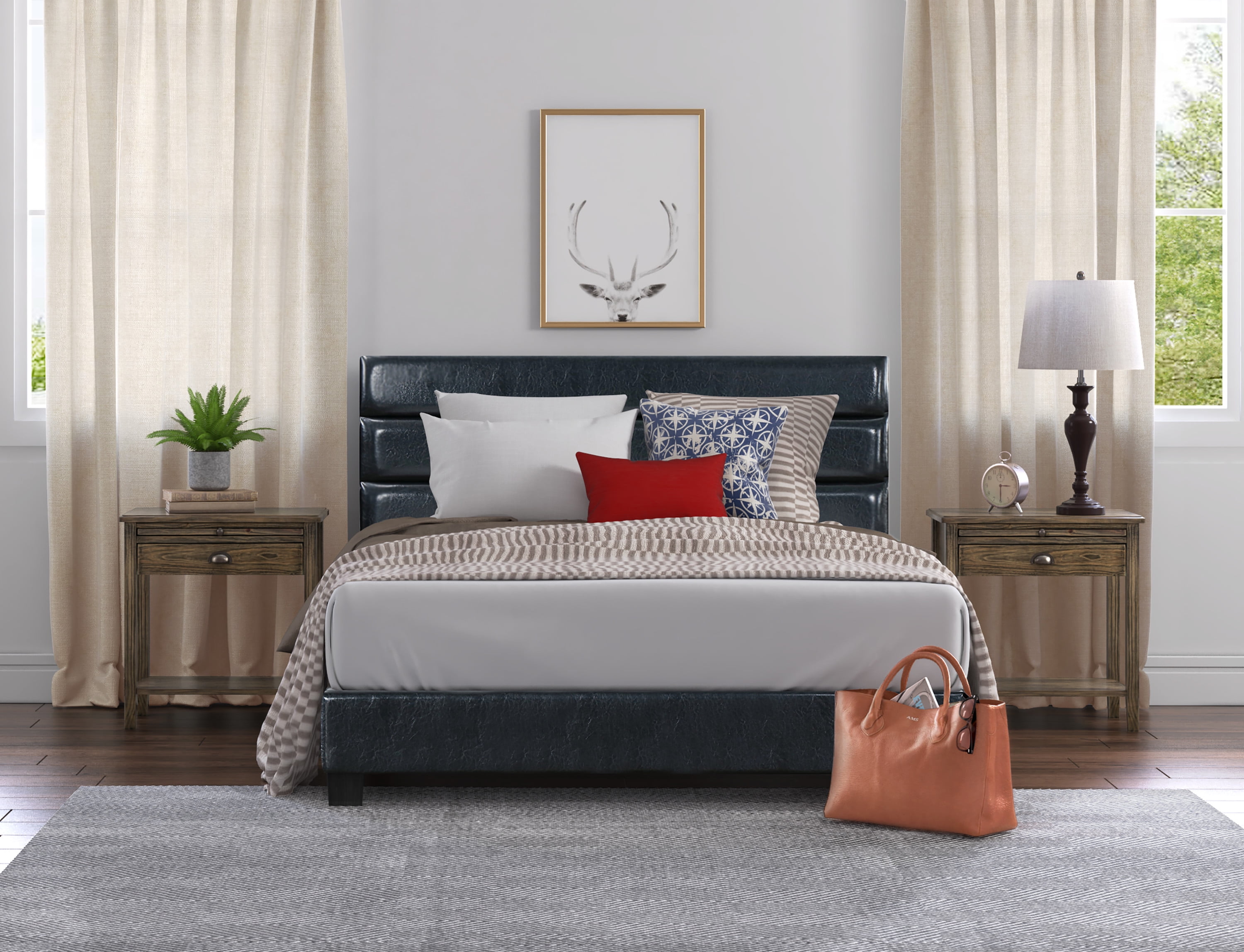 ClickDecor Hudson Leather Contemporary/Modern Linen Tufted Slat Bed, Queen, Black