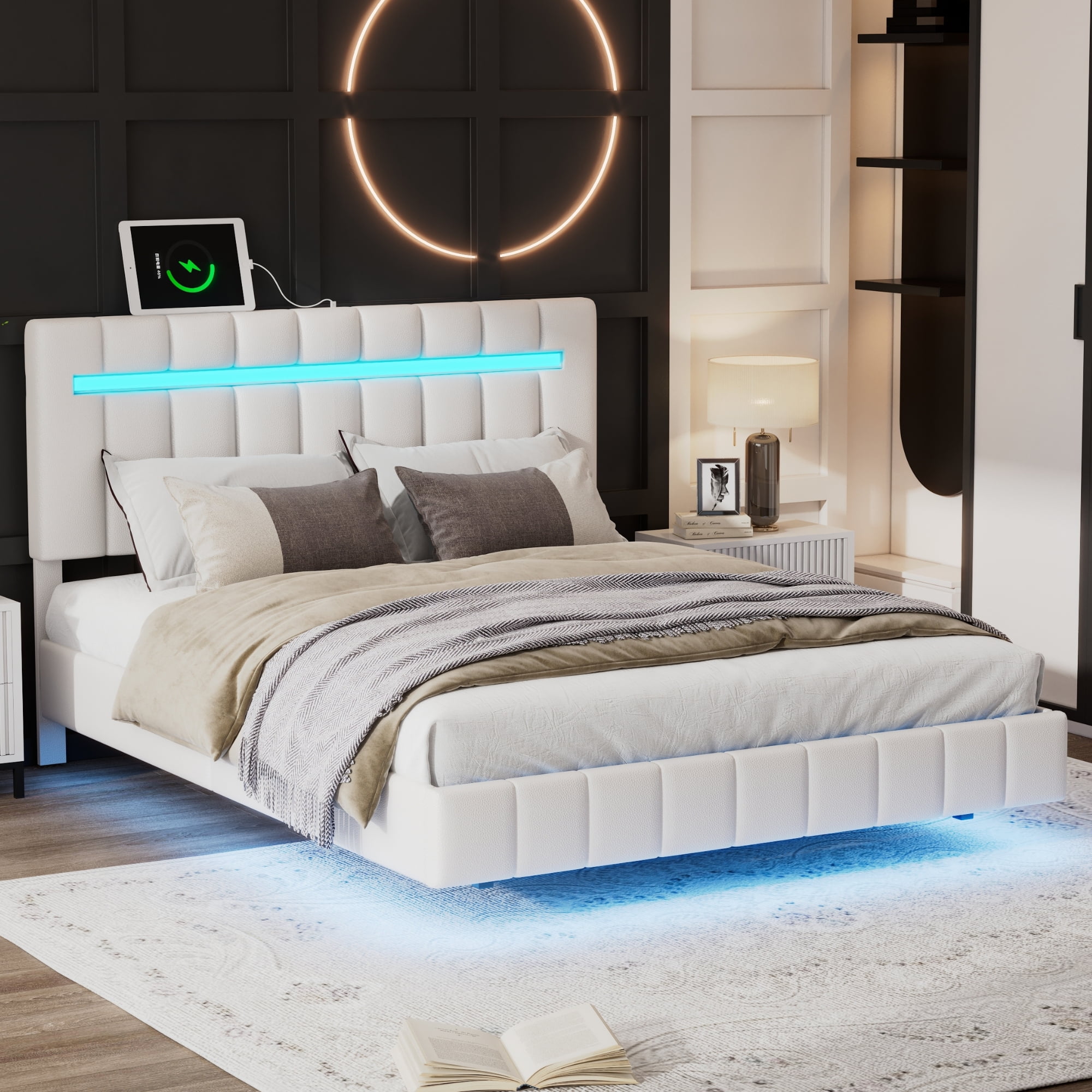 Clipeyh Modern Floating Bed Frame with LED Lights and USB Charging Station, Full, White / PU01