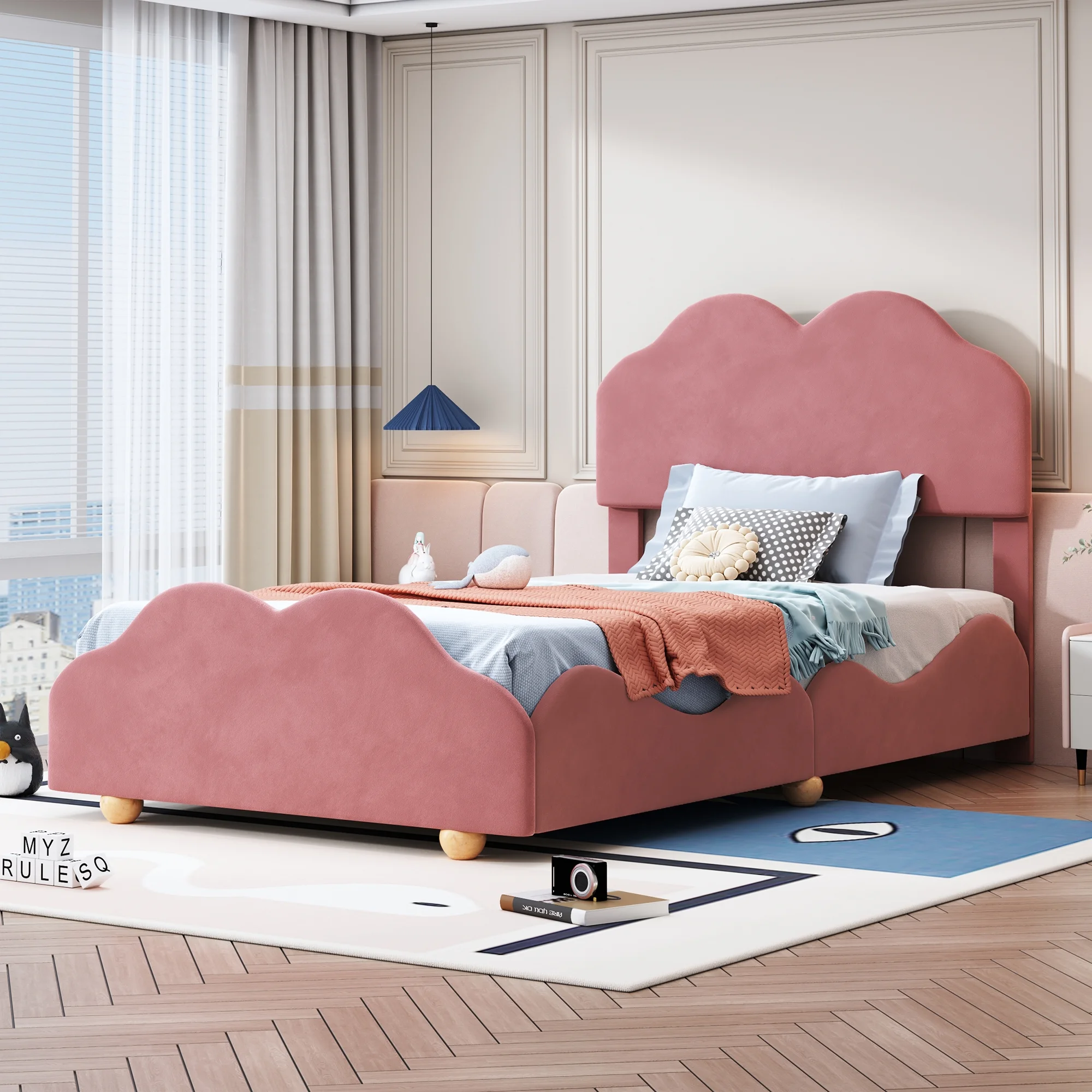 Clipeyh Twin Size Cloud-Shaped Headboard Pine Wood Platform Bed with Wooden Slat Support, Dark Pink