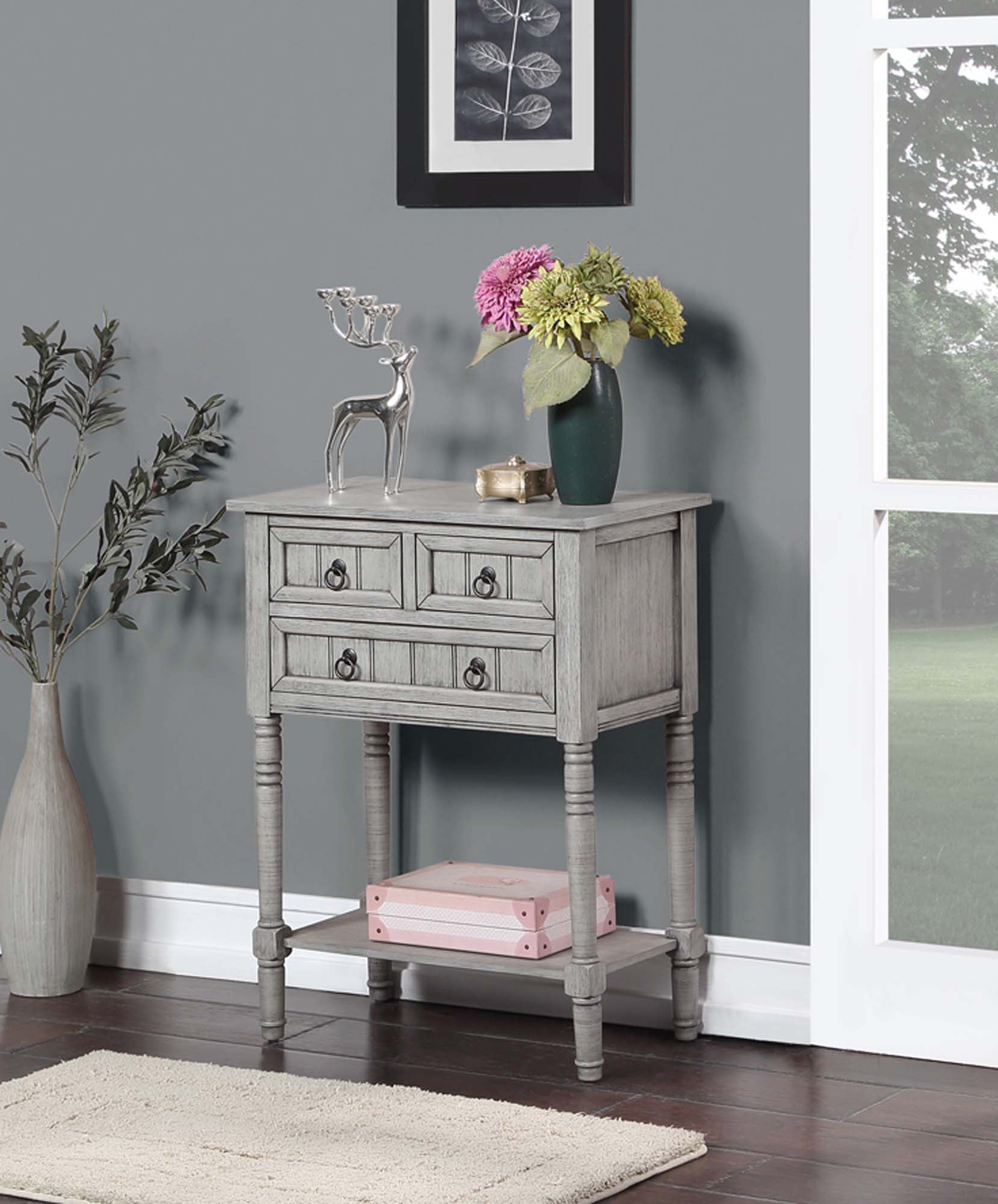 Covenience Concepts Kendra 3 Drawer Hall Table with Shelf, Wirebrush Light Gray