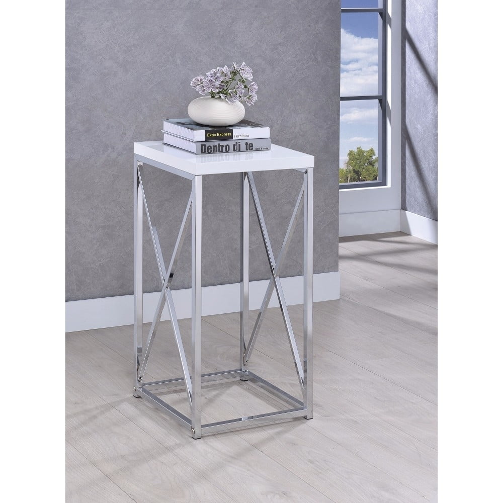 Edmund Square Accent Side Table White High Gloss and Chrome