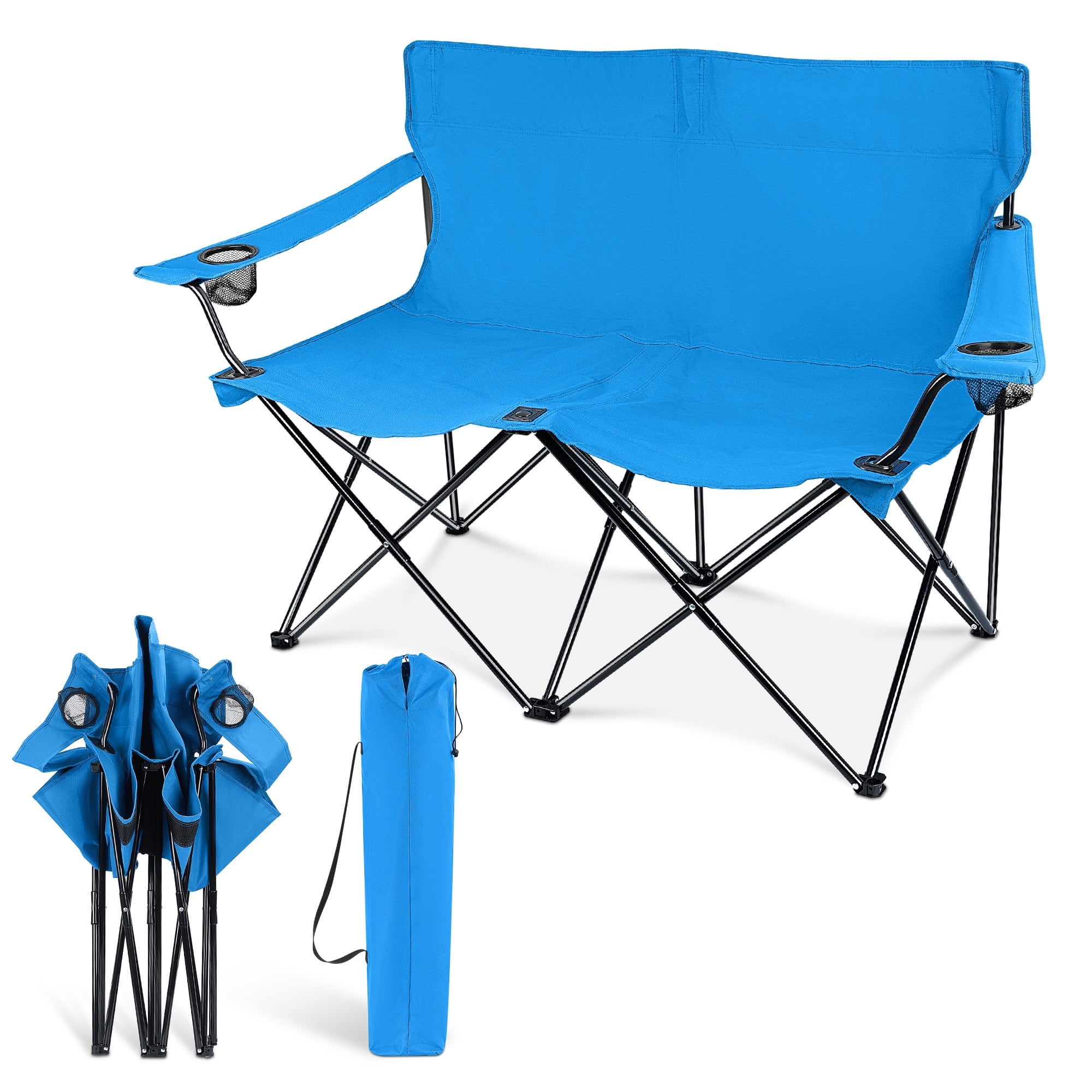Coliware Oversized Foldable Camping Chair, Double Seat Folding Camp Compact Chair for 2 Persons with Storage Bag, Portable & Large for Outdoor Fishing Hiking Travel Picnic Beach Lawn Patio - Blue