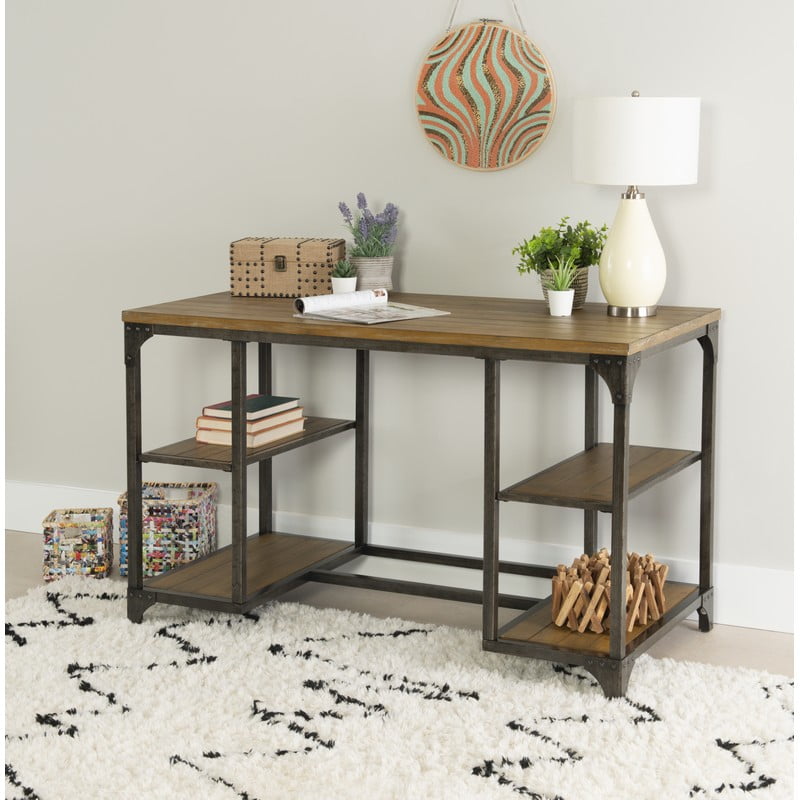 Collin Computer Desk with Selves, 48" Wide, Weathered Driftwood