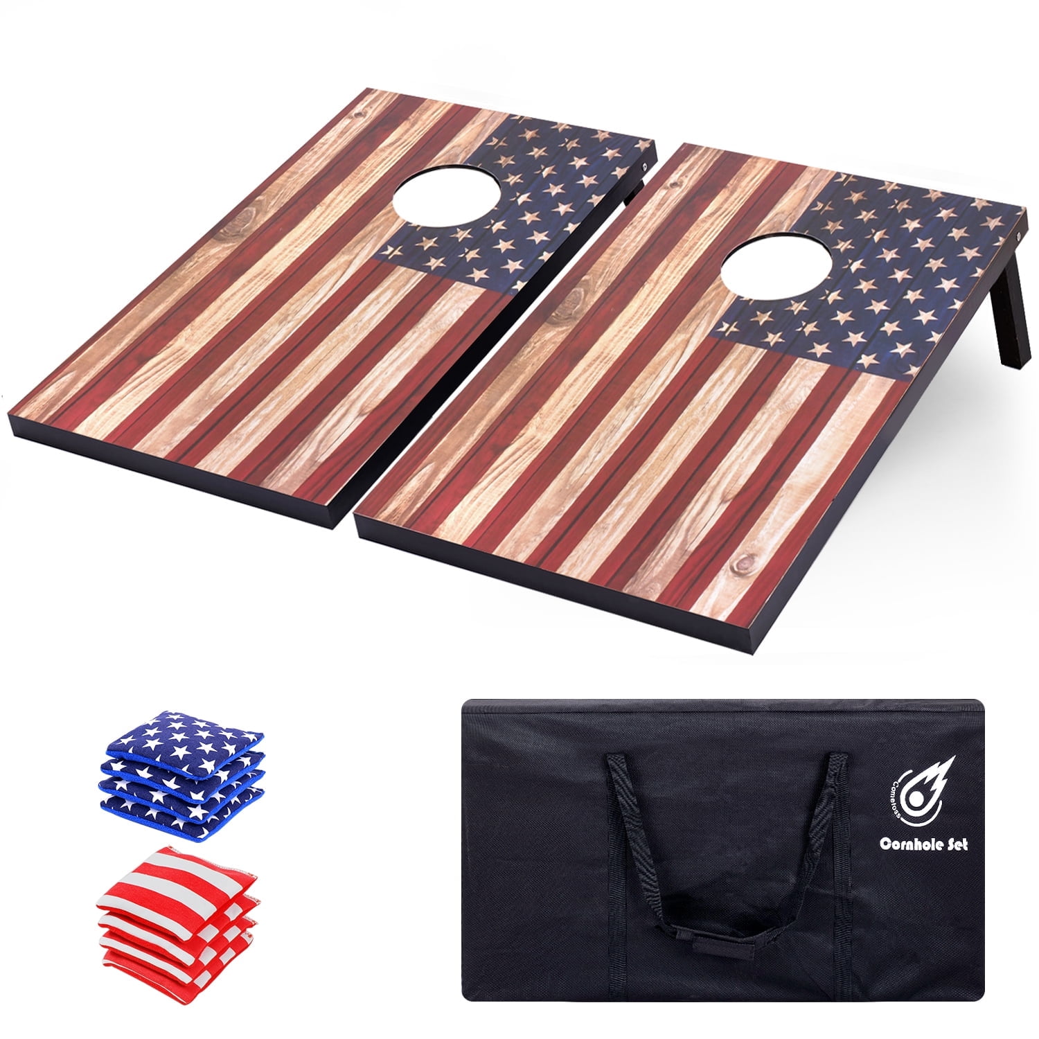 Cometoss Classic Cornhole Set 3'x2' Outdoor Games- Includes 2 MDF Wood Boards 35.4x23.6 Inch,8 12 Ounce Corn Hole Bean Bag Cornhole Set. (America Flag)