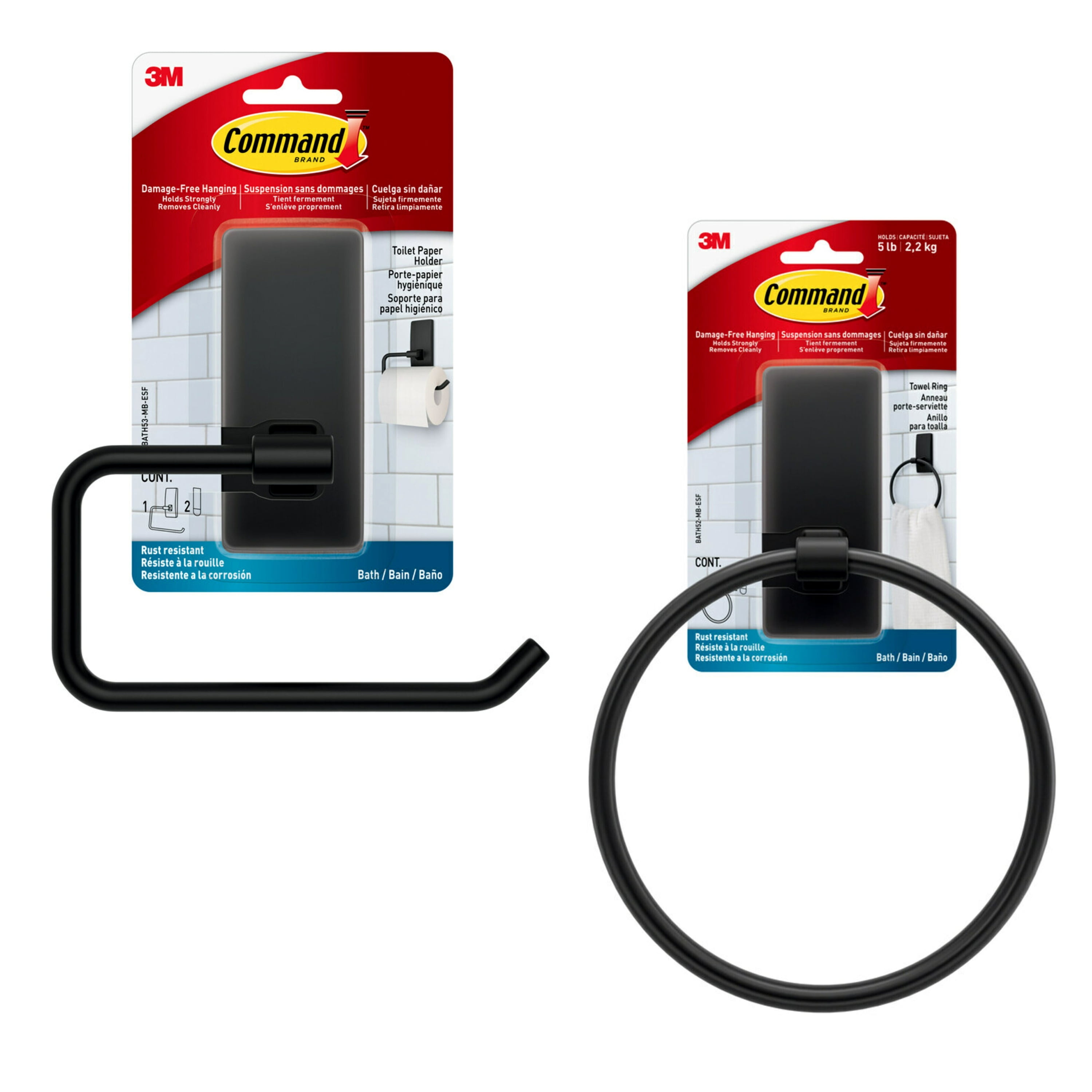 Command Bath Matte Black Toilet Paper Holder, 1 Holder and Command Bath Matte Black Towel Ring, 1 Ring