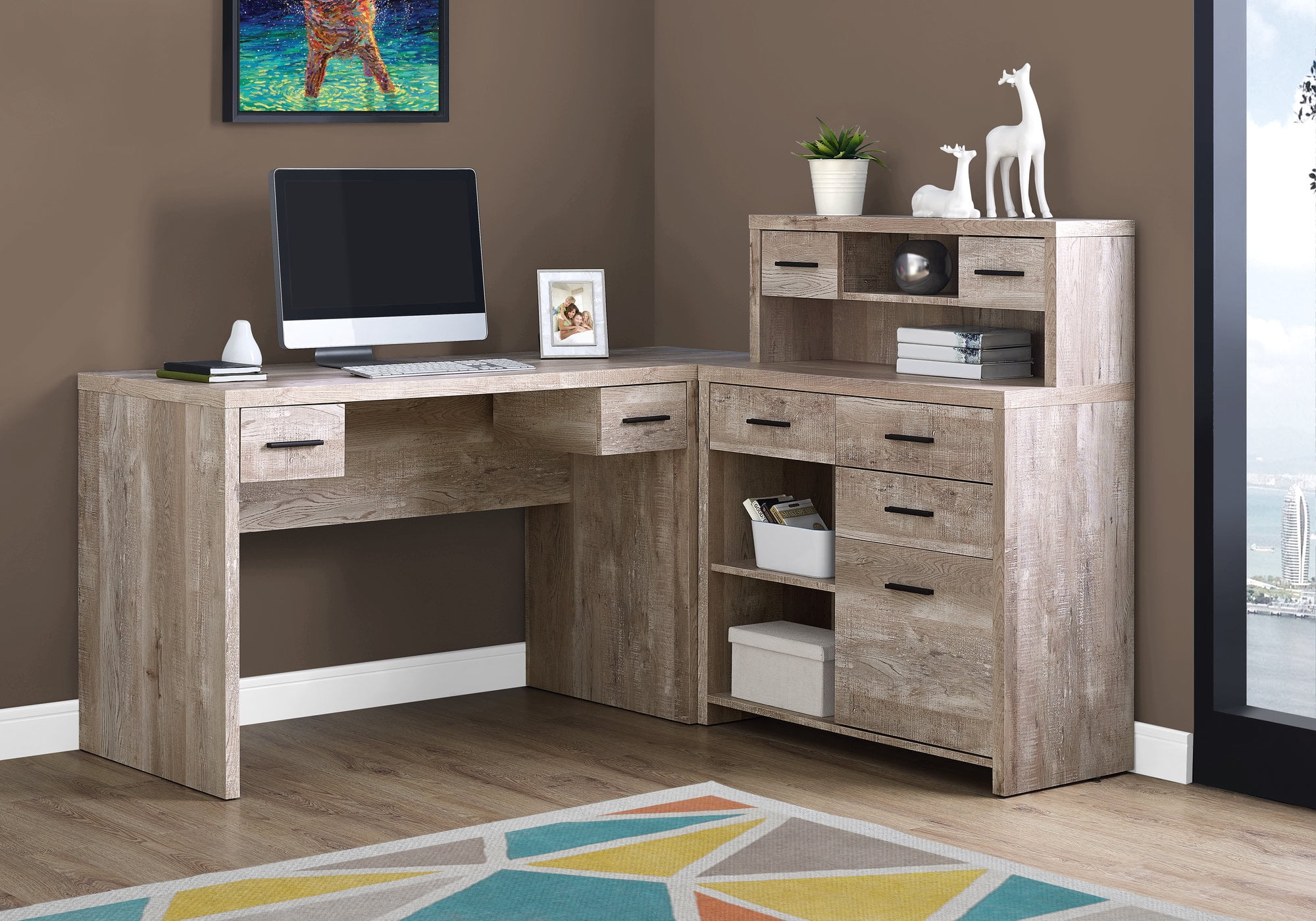 Computer Desk - L-Shaped / Corner / Hutch / 8 Drawers / 3 Cubbies / Reversible - 63"L X 59"W - Taupe Reclaimed Wood-Look