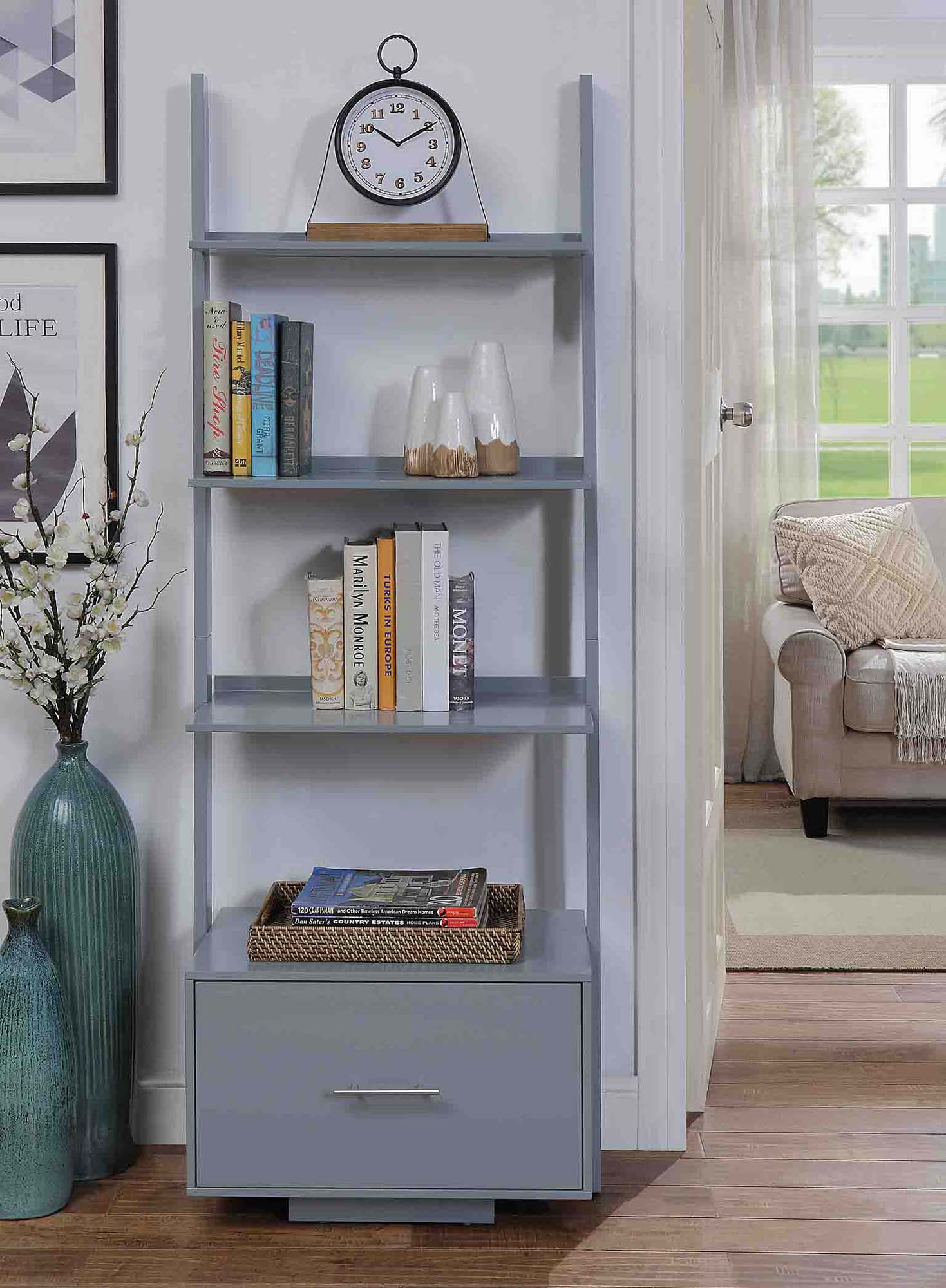 Convenience Concepts American Heritage Ladder Bookcase with File Drawer, Gray